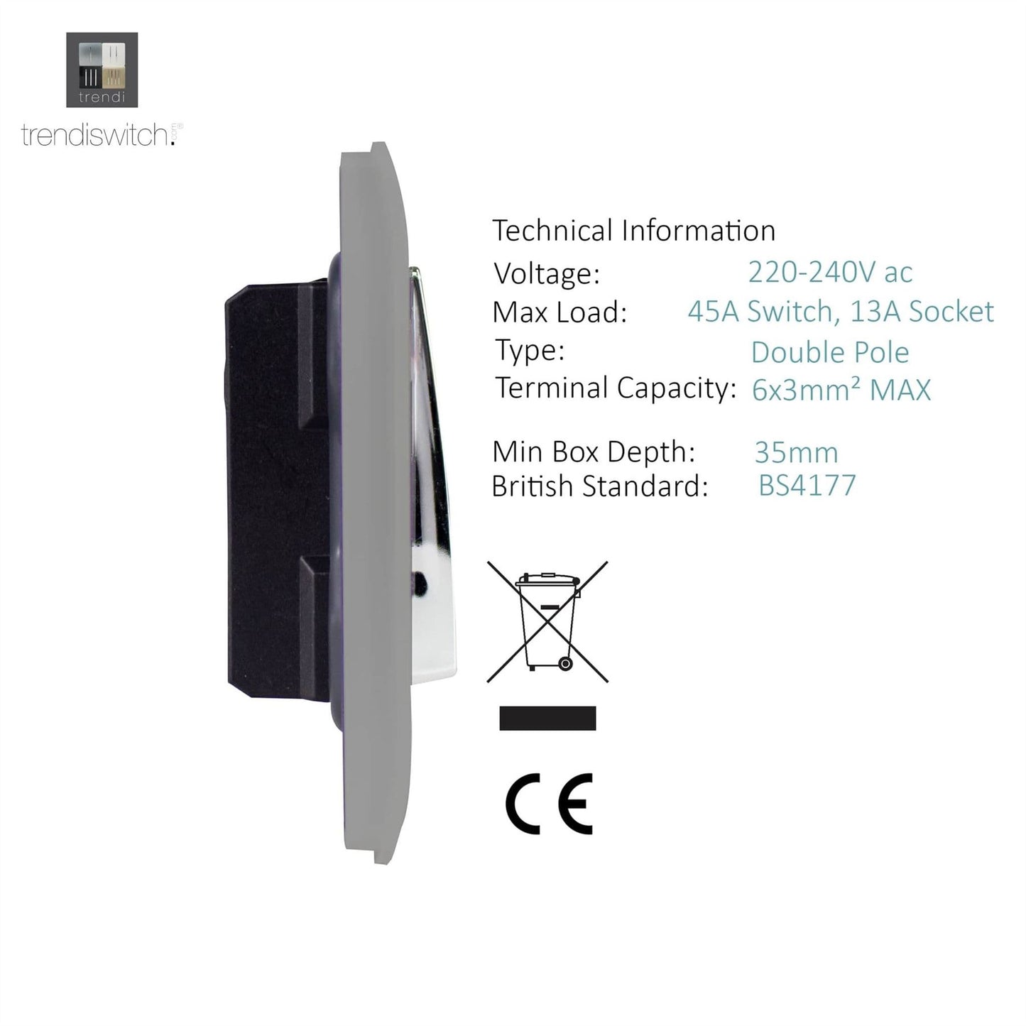Trendi Switch 45 Amp Cooker Switch & 13 Amp Plug Socket with Neonin Light Grey