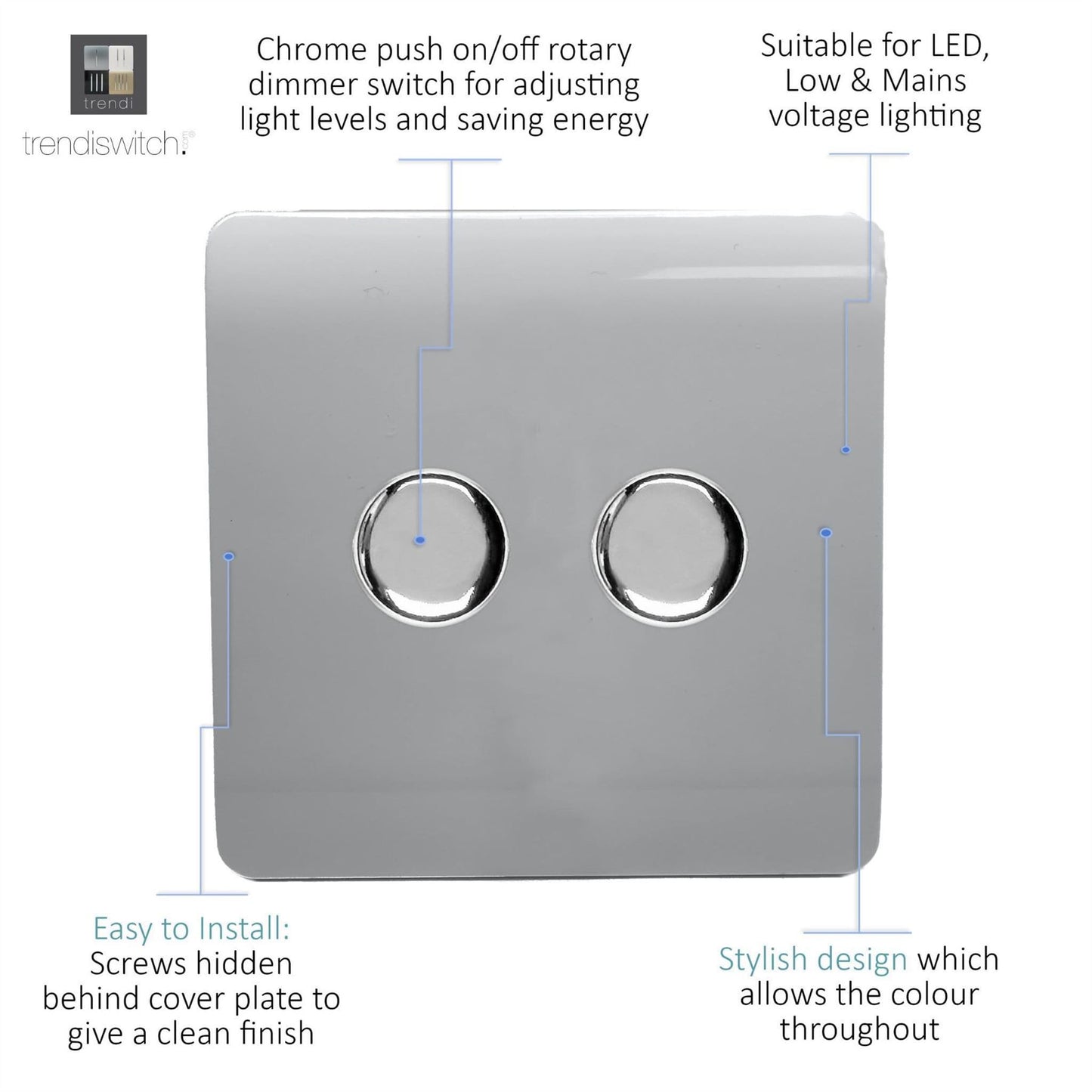 Trendi Switch 2 Gang 1 or 2 way 150w Rotary LED Dimmer Light Switchin Platinum Silver