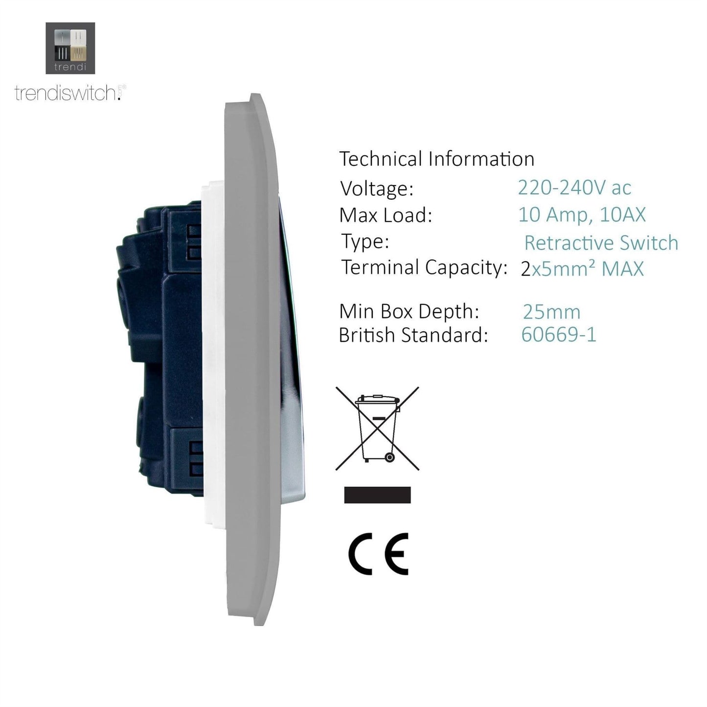 Trendi Switch 1 Gang Retractive Home Automation Switchin Light Grey