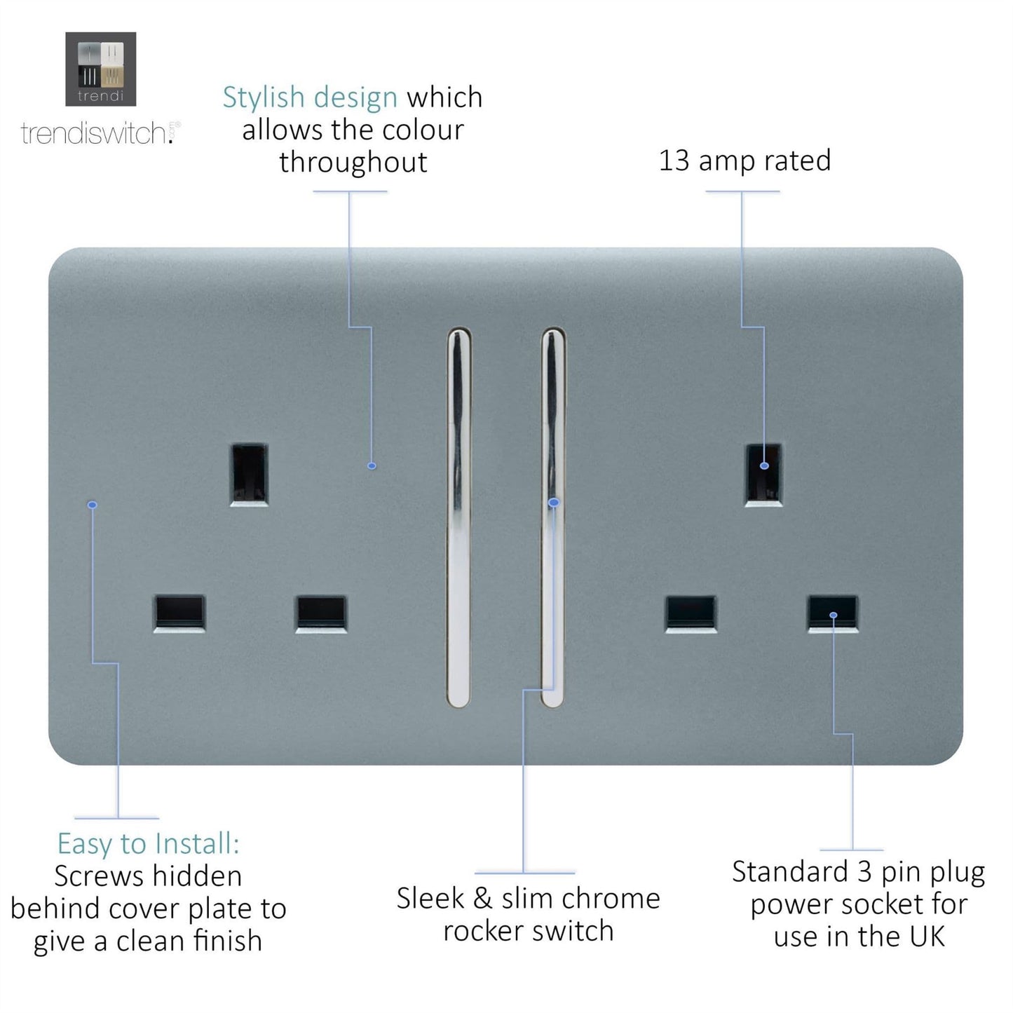 Trendi Switch 2 Gang Long Switched Plug Socketin Cool Grey
