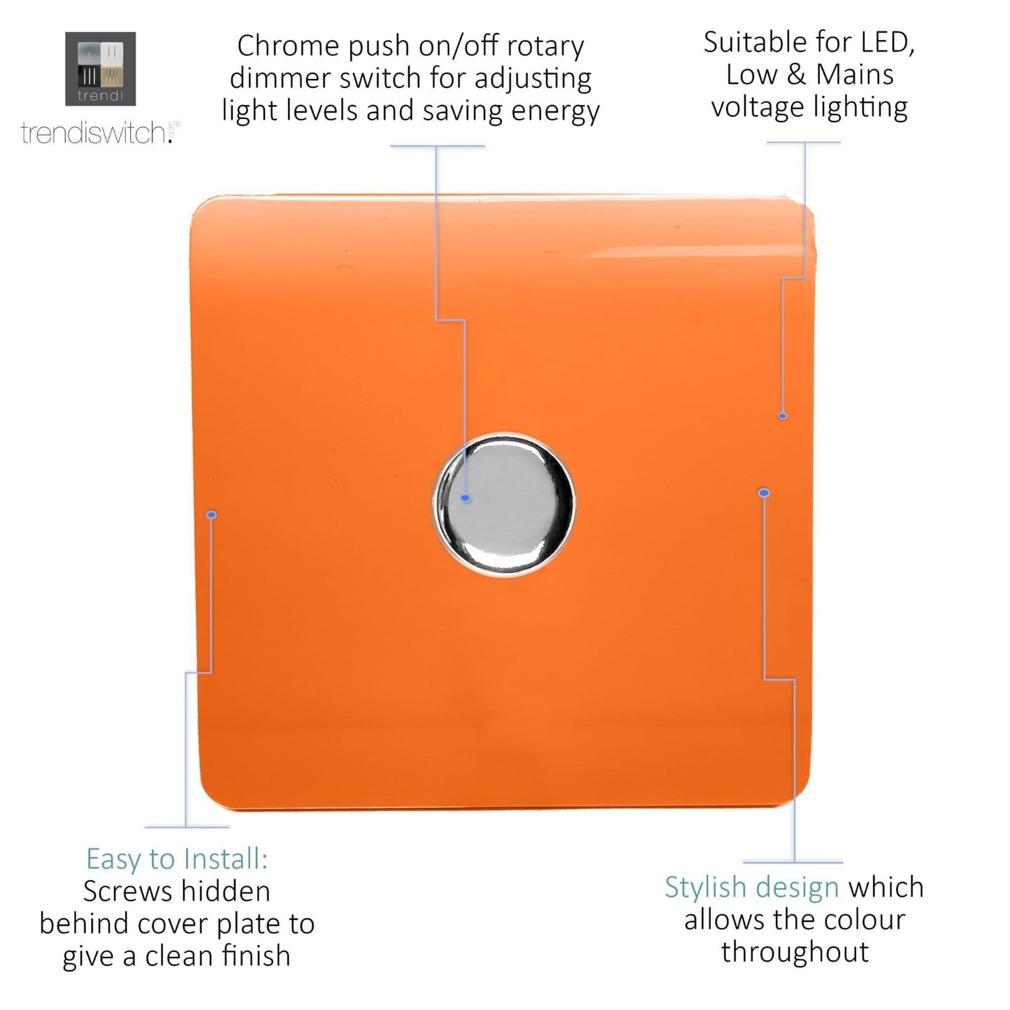 Trendi Switch 1 Gang 1 or 2 way 150w Rotary LED Dimmer Light Switchin Sunset Orange