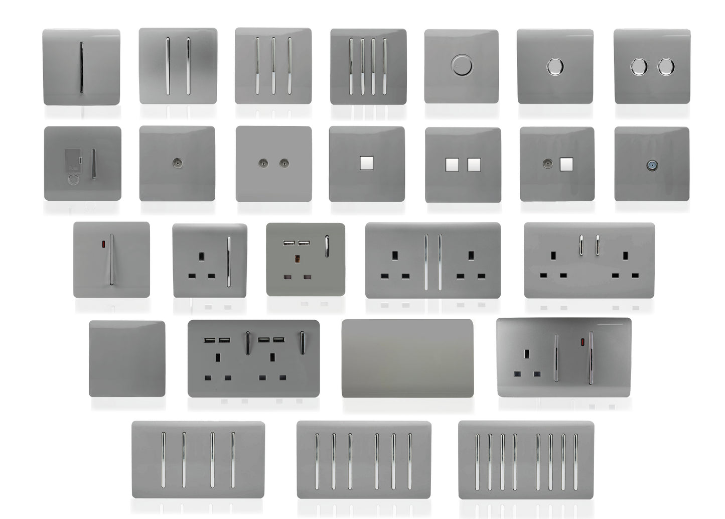 Trendi 4 Gang 2 Way 240V 100w LED Dimmer Screwless Raised Front Plate Plastic Artistic Modern Glossy 10 Amp Chrome Single Electrical Wall Light Switch in Light Grey - ART-4LDMLG