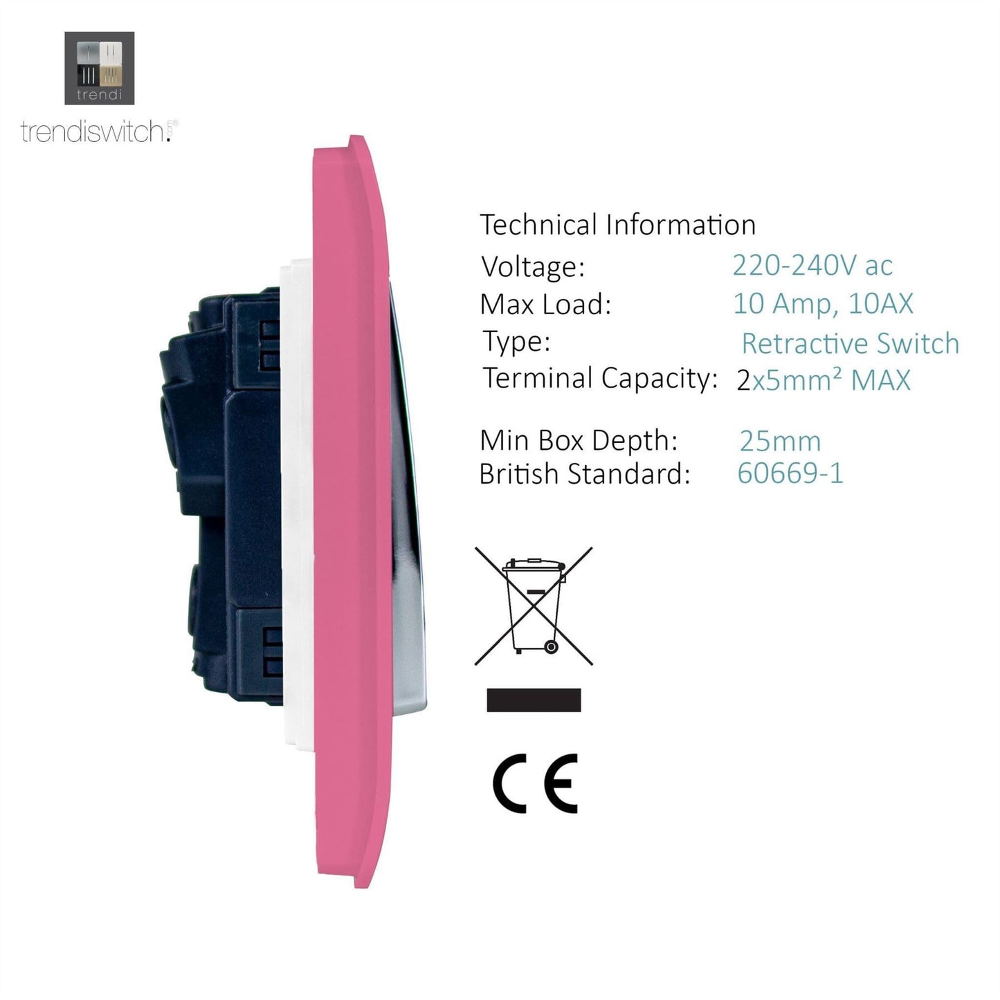 Trendi Switch 1 Gang Retractive Doorbell Switchin Candy Pink