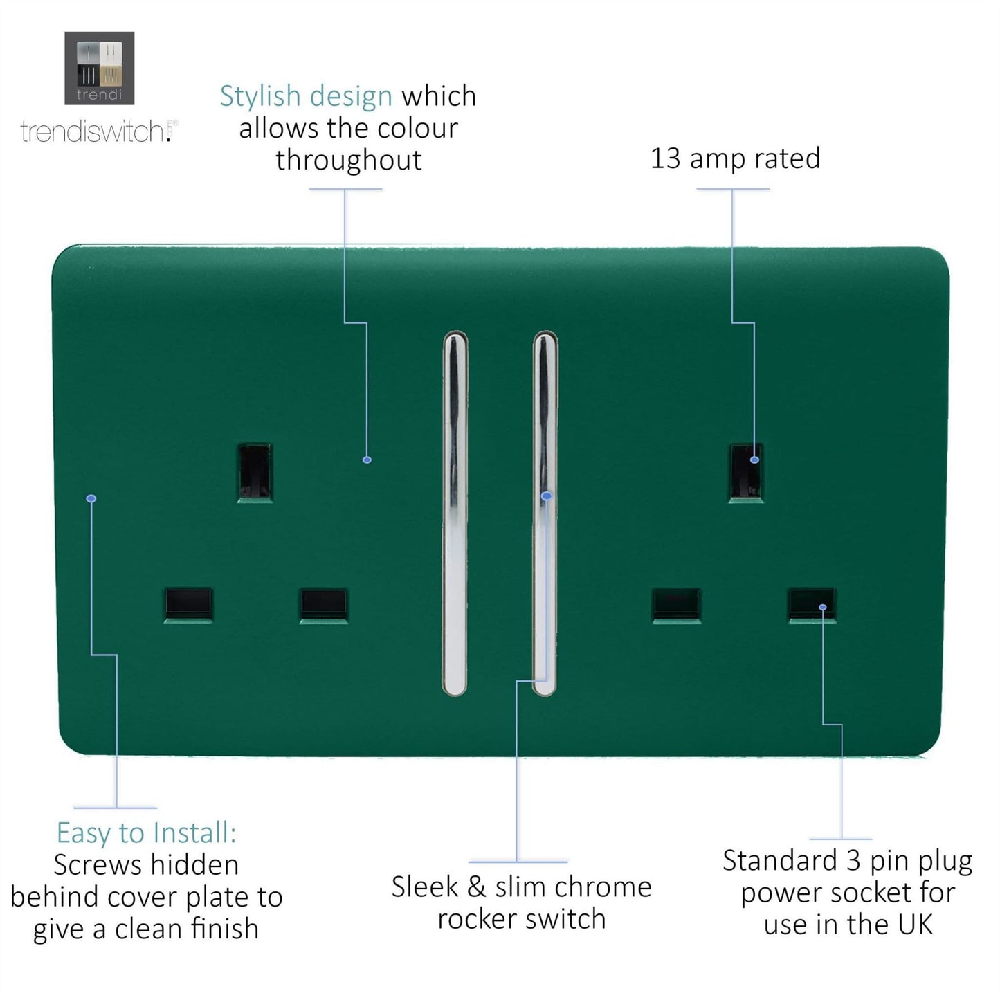 Trendi Switch 2 Gang Long Switched Plug Socketin Dark Forest Green