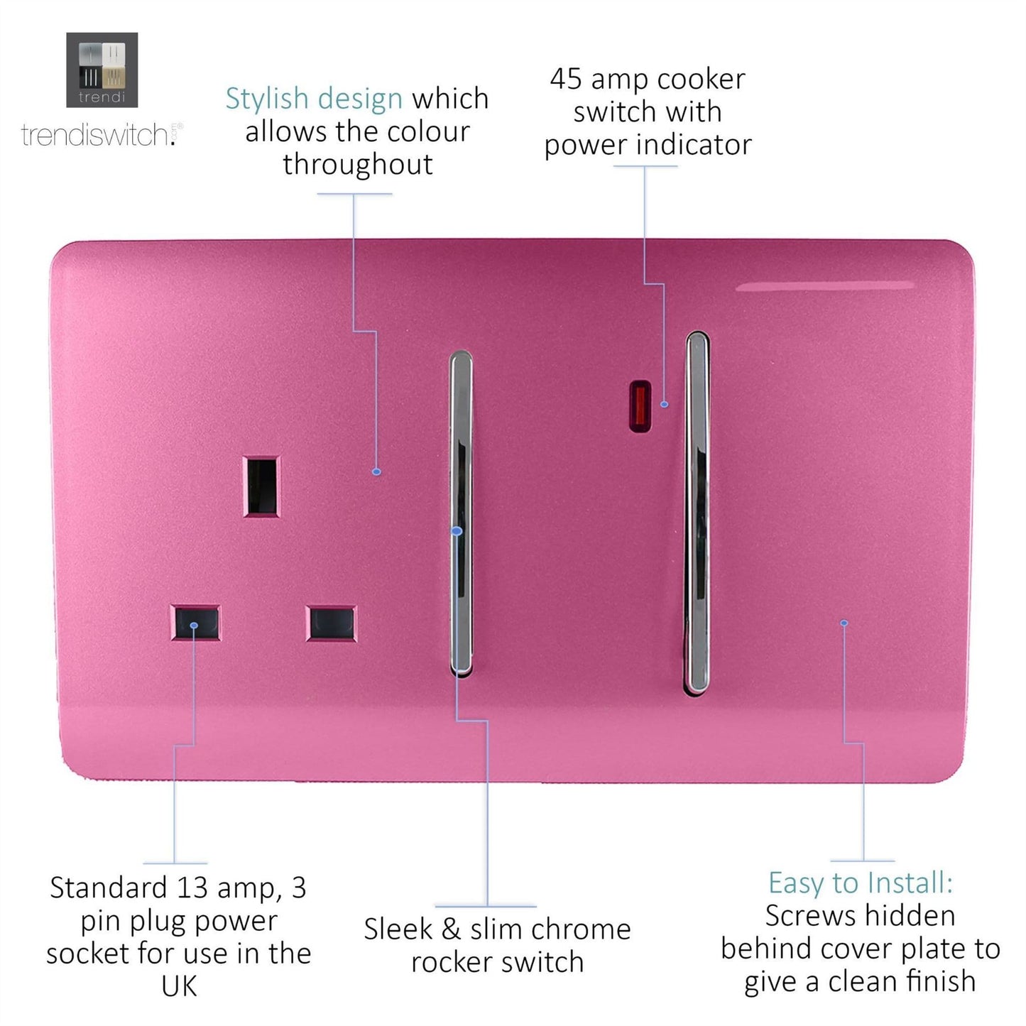 Trendi Switch 45 Amp Cooker Switch & 13 Amp Plug Socket with Neonin Candy Pink
