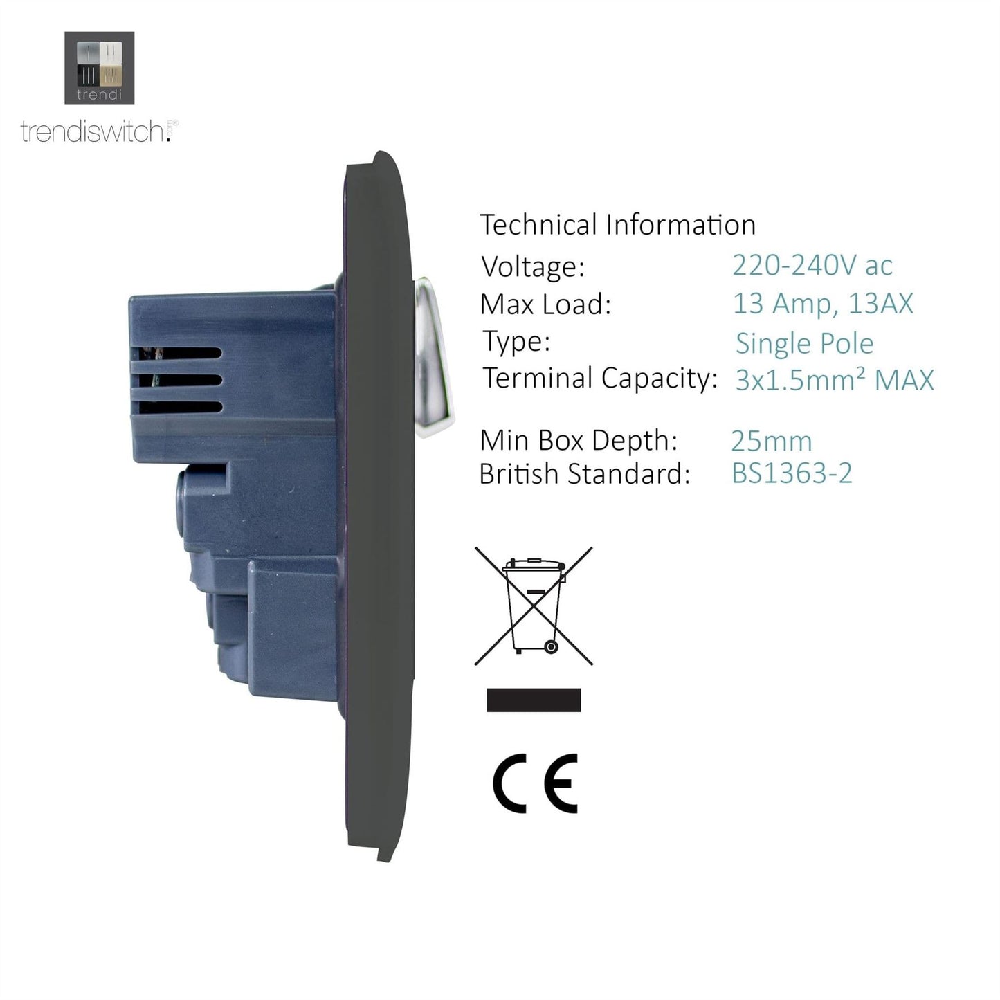 Trendi Switch 1 Gang USB 2100mA Plug Socketin Charcoal Grey
