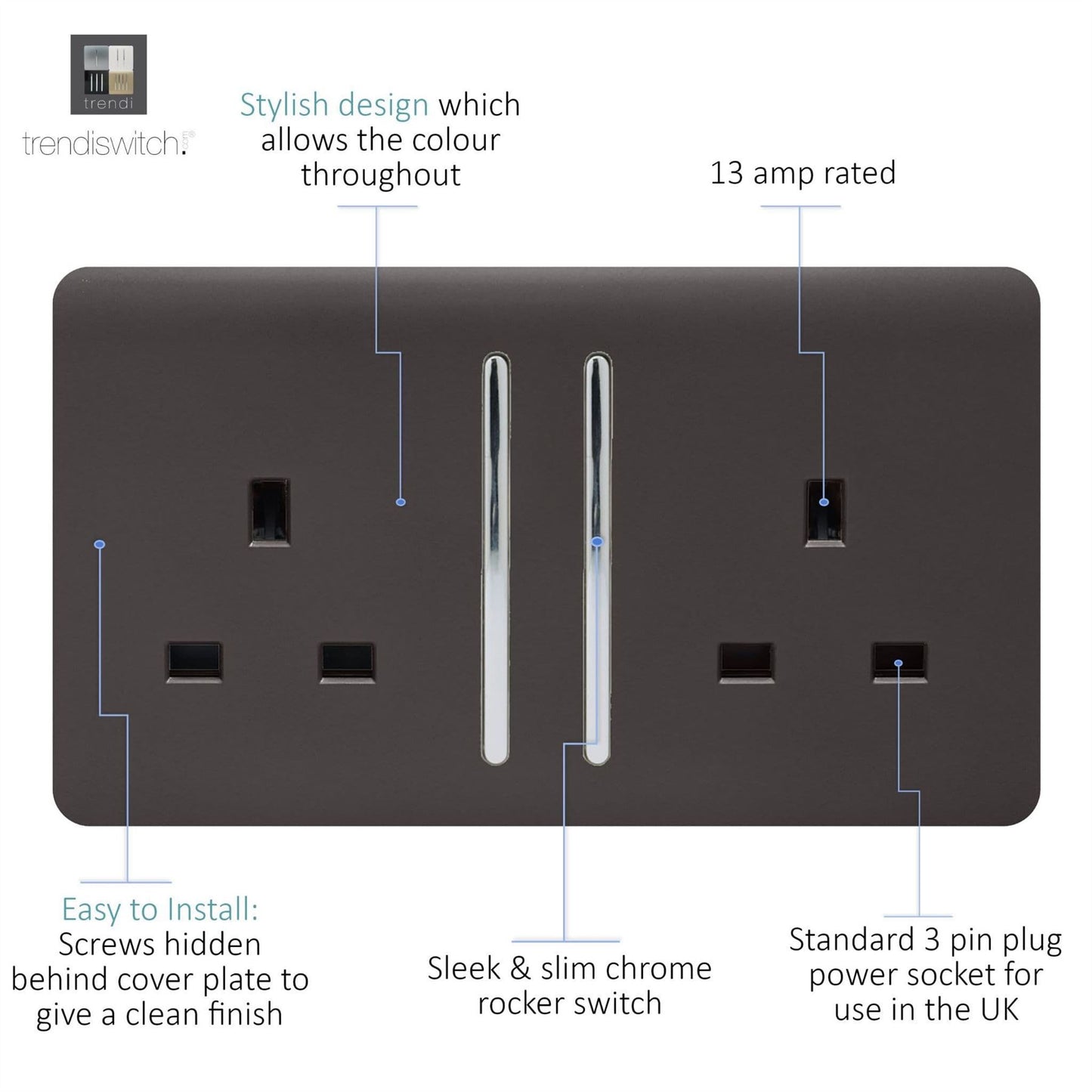 Trendi Switch 2 Gang Long Switched Plug Socketin Dark Mocha Brown