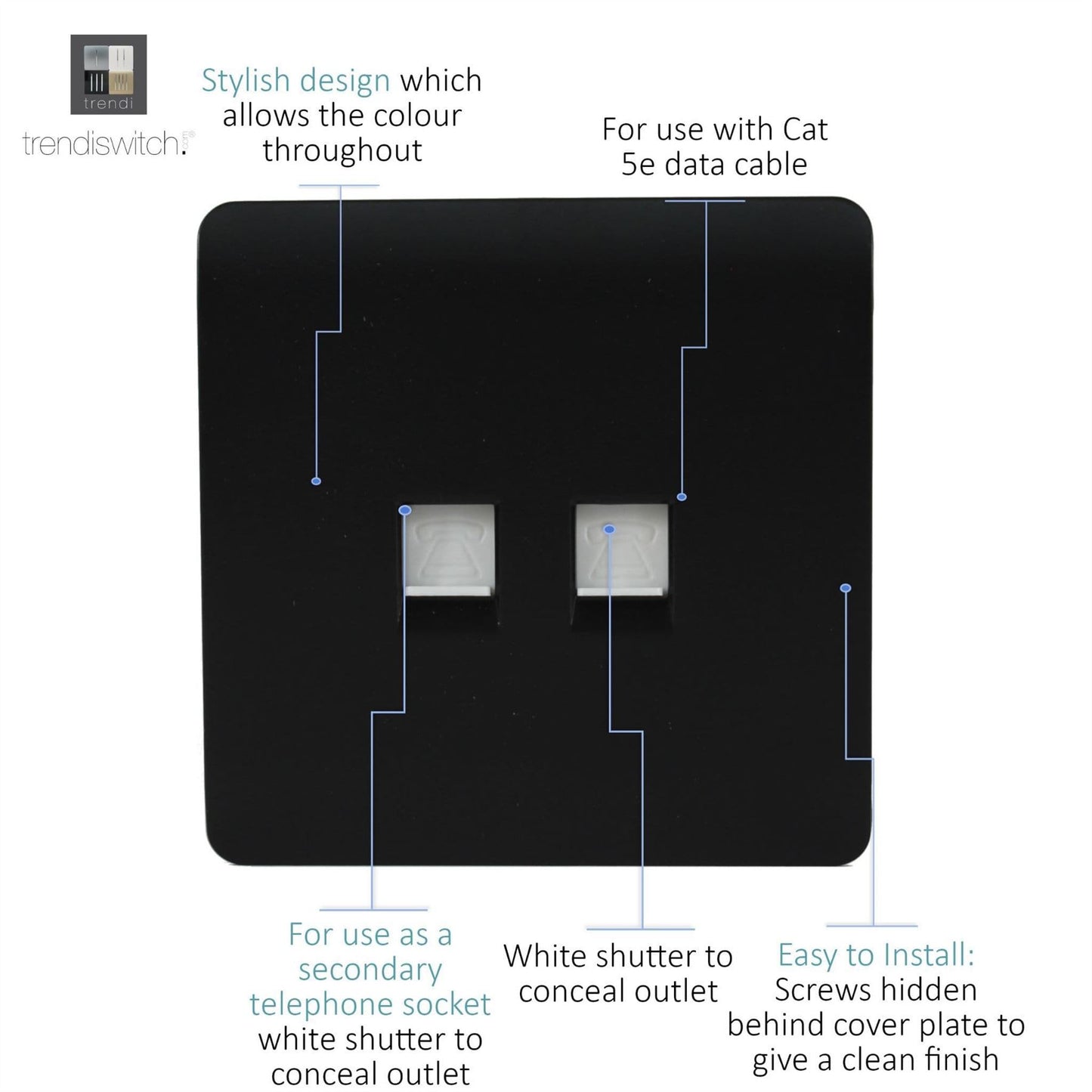 Trendi Switch 2 Gang RJ45 Cat 5e PC Ethernet & Telephone Slave Socketsin Matt Black