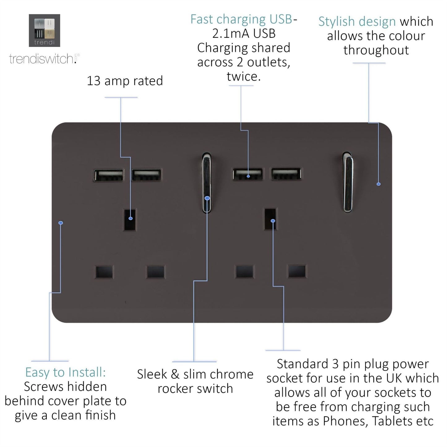 Trendi Switch 2 Gang 4 Port USB 2100mA Plug Socketin Dark Mocha Brown