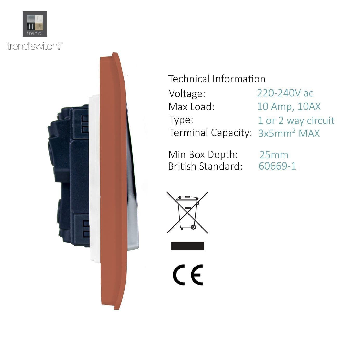 Trendi Switch 2 Gang 1 or 2 way Rocker Light Switchin Copper