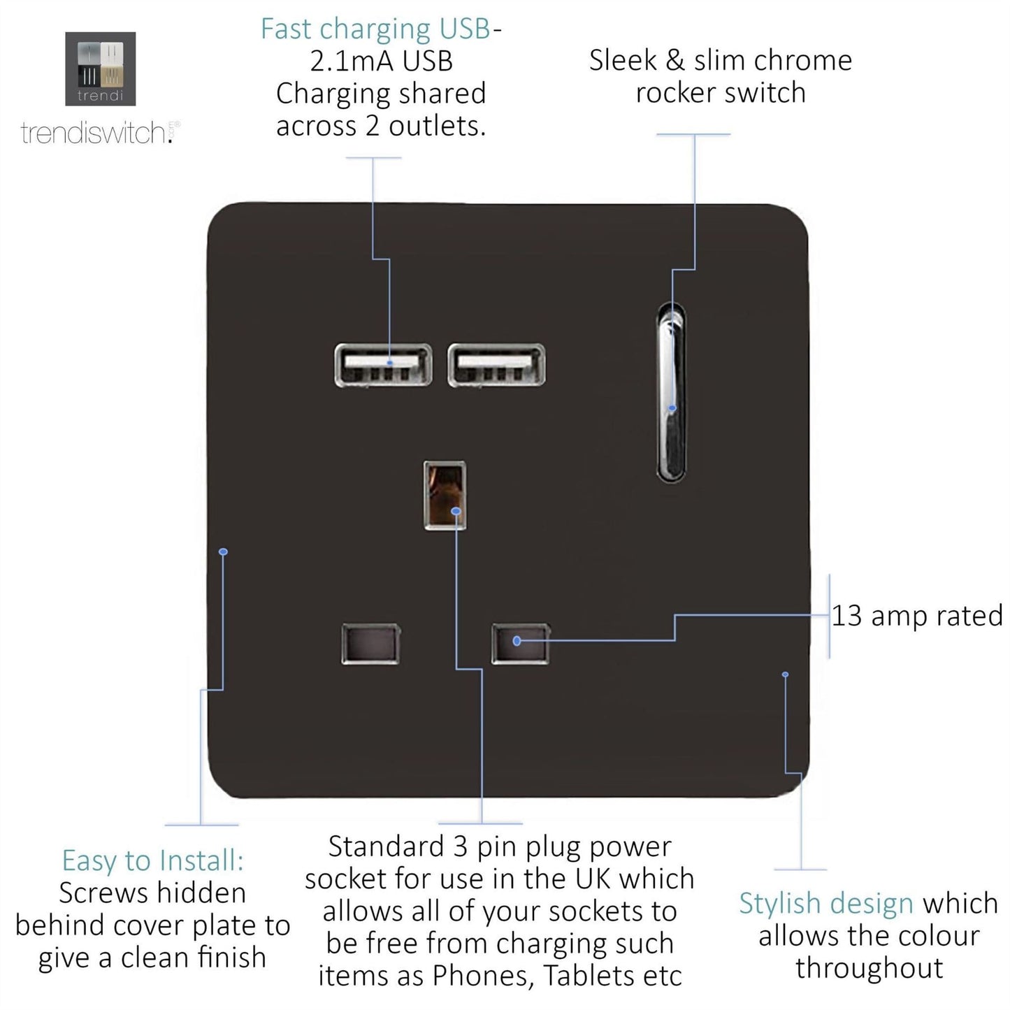 Trendi Switch 1 Gang USB 2100mA Plug Socketin Dark Mocha Brown