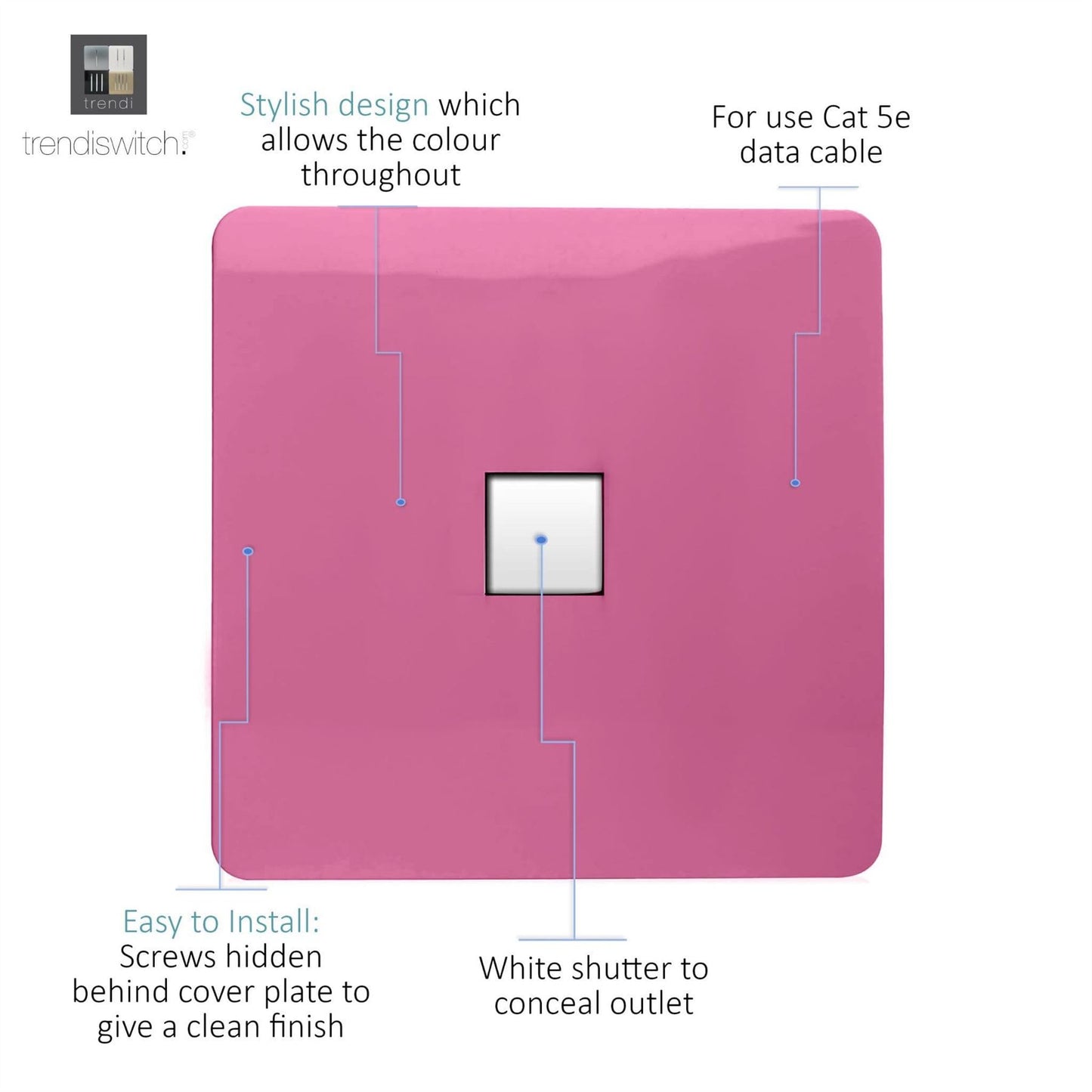 Trendi Switch 1 Gang RJ45 Cat 5e PC Ethernet Socketin Candy Pink