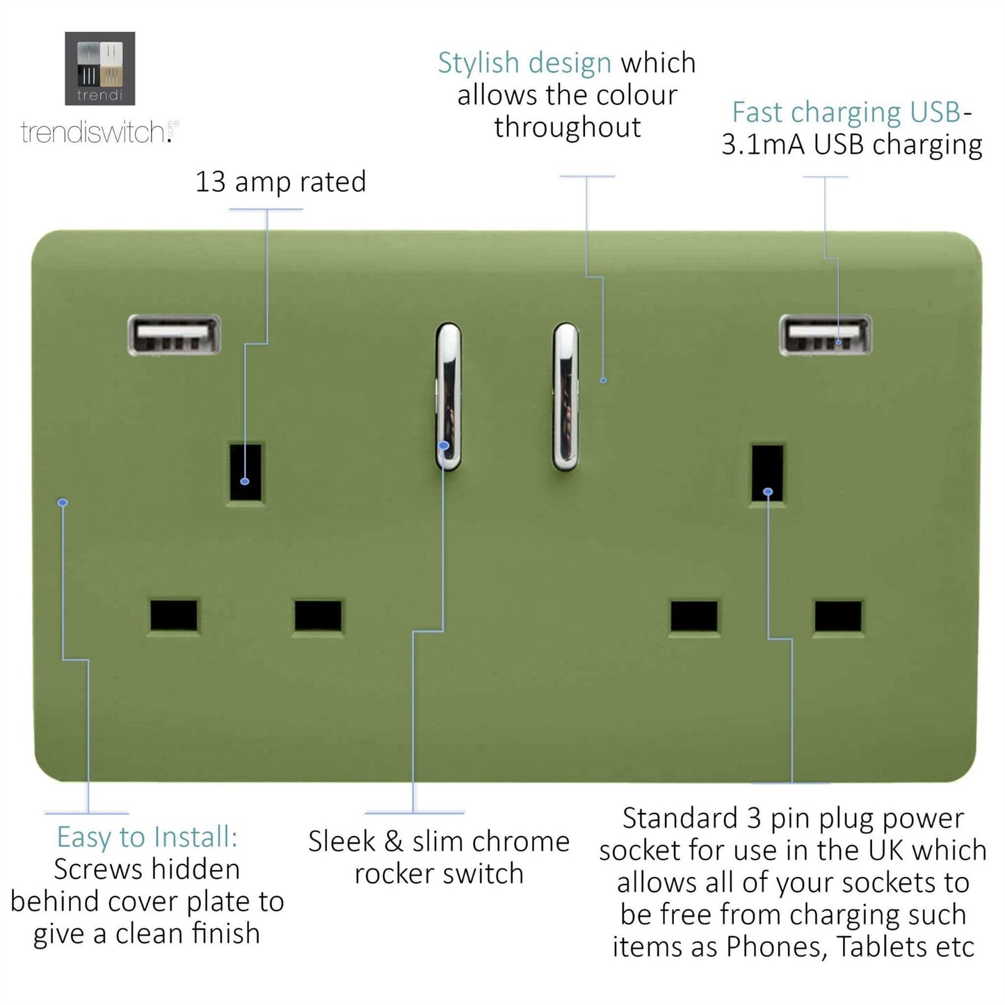 Trendi Switch 2 Gang USB 3100mA Plug Socketin Moss Green
