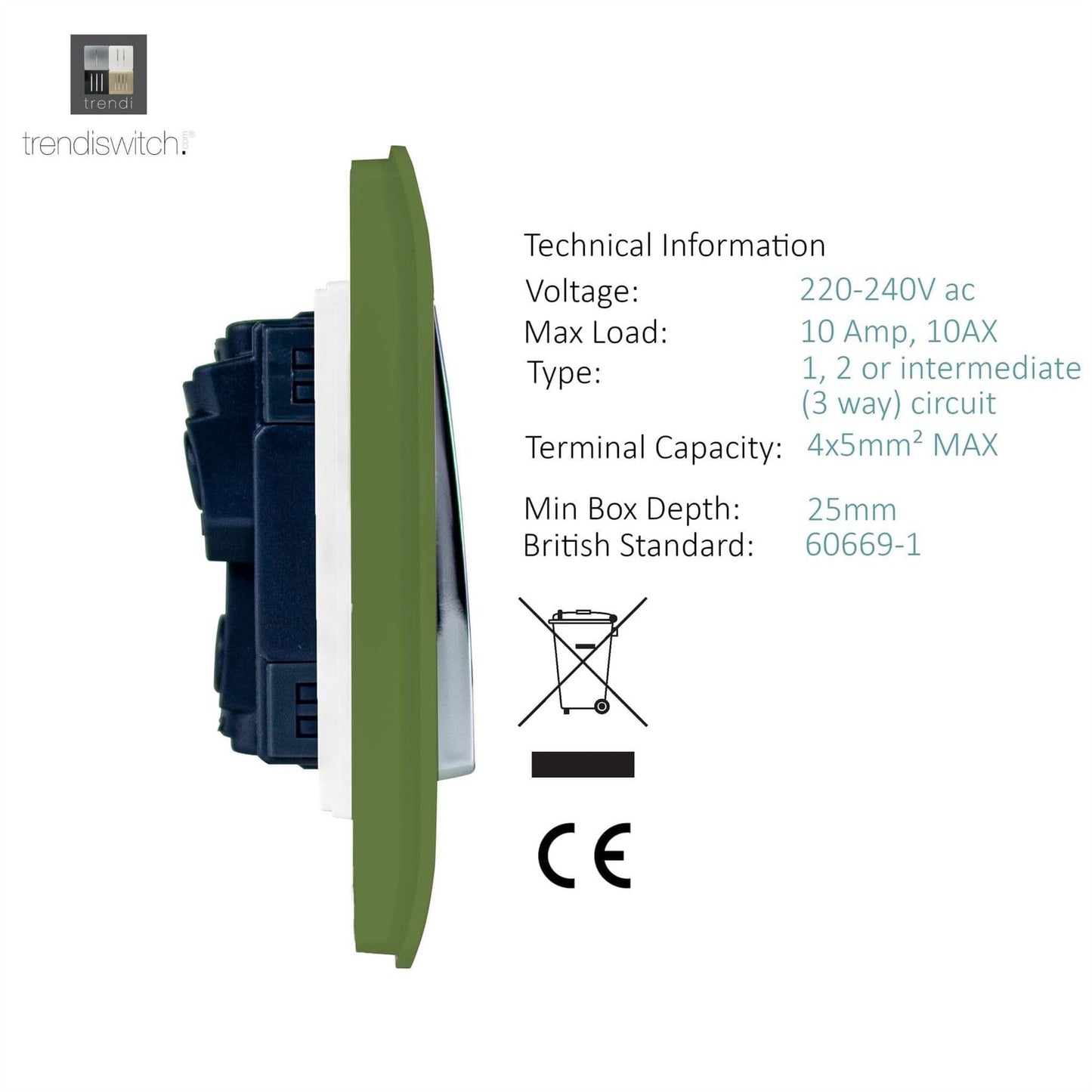 Trendi Switch 4 Gang Light Switch (1x 1 or 2 Way & 3 x Intermediate)in Moss Green