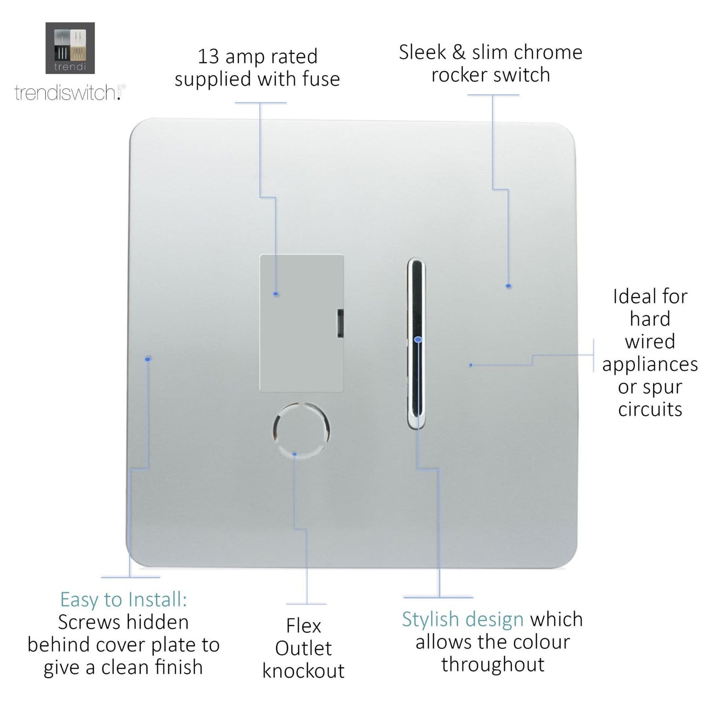 Trendi Switch 13 Amp Fused Spur with Flex Outletin Platinum Silver