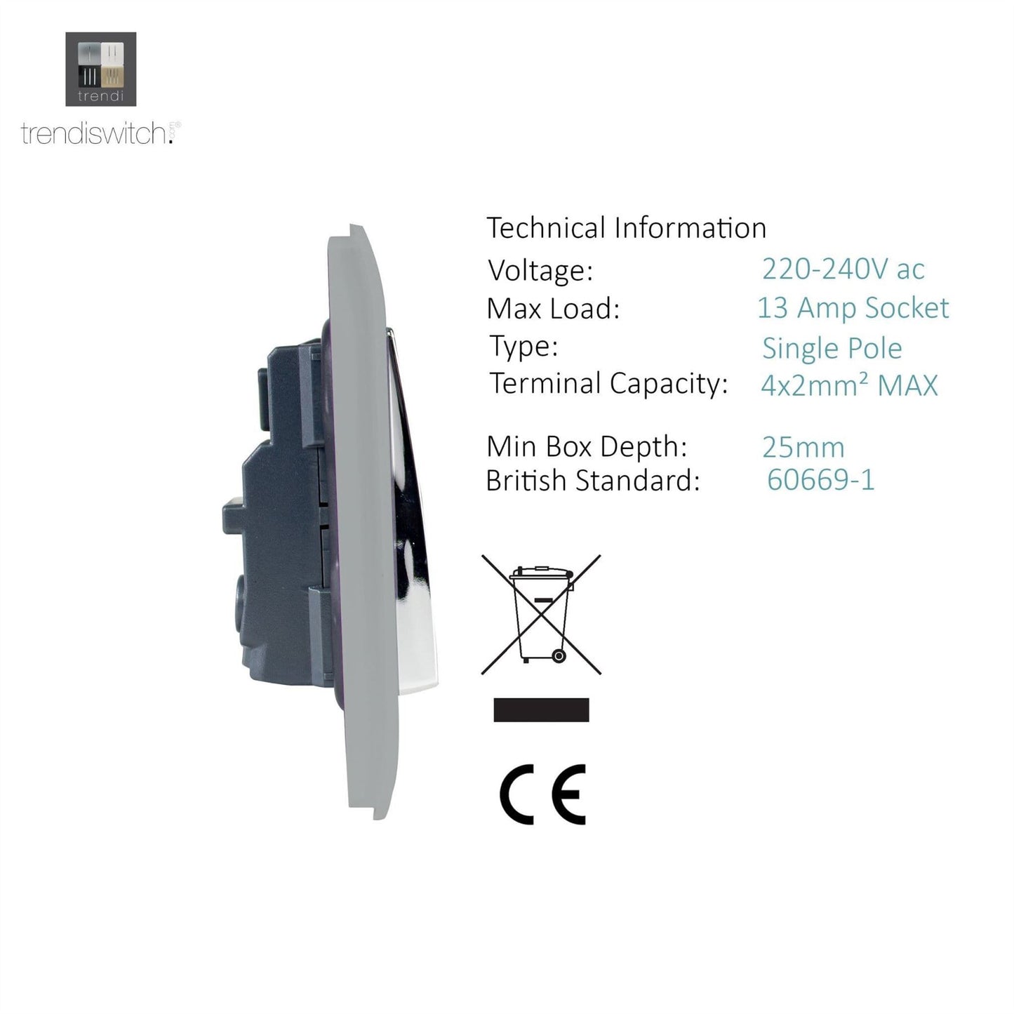 Trendi Switch 2 Gang Long Switched Plug Socketin Brushed Steel