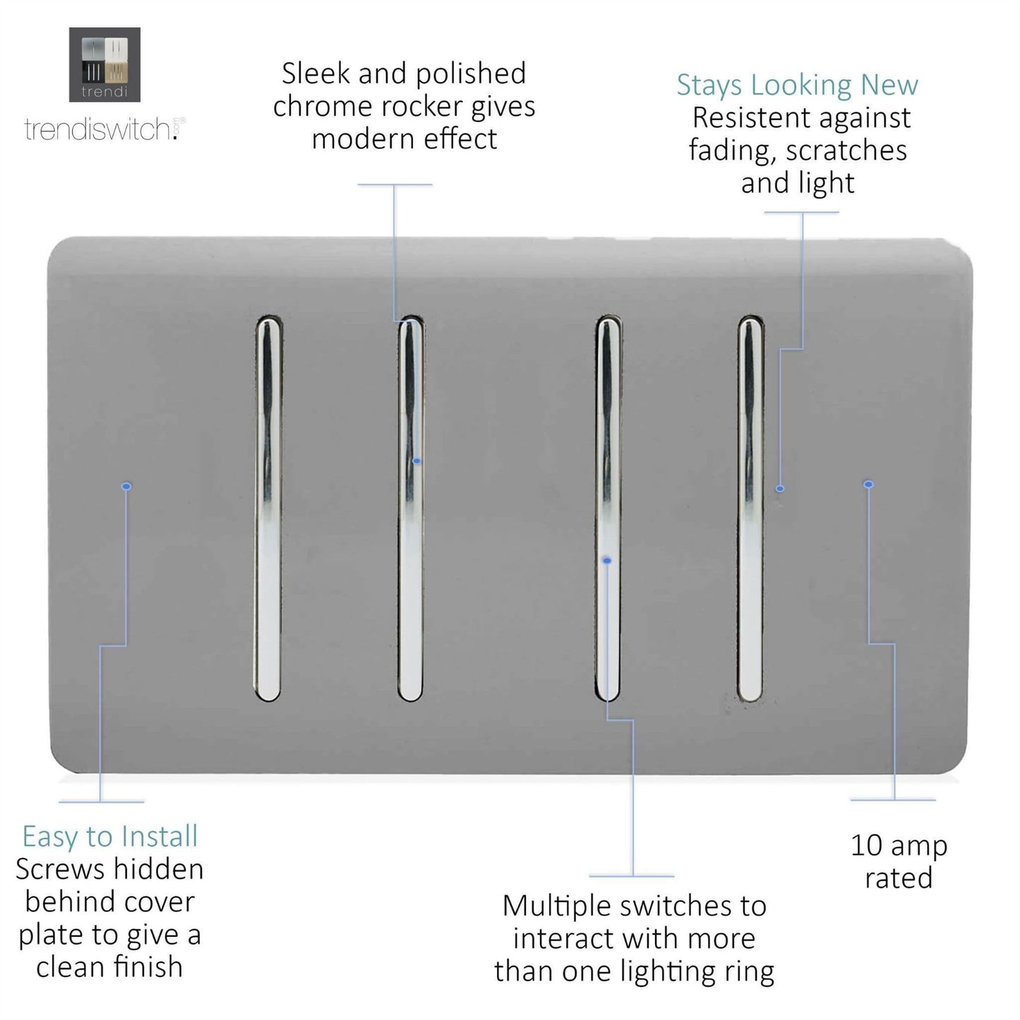 Trendi Switch 4 Gang Light Switch (2x 1 or 2 Way & 2 x Intermediate)in Light Grey