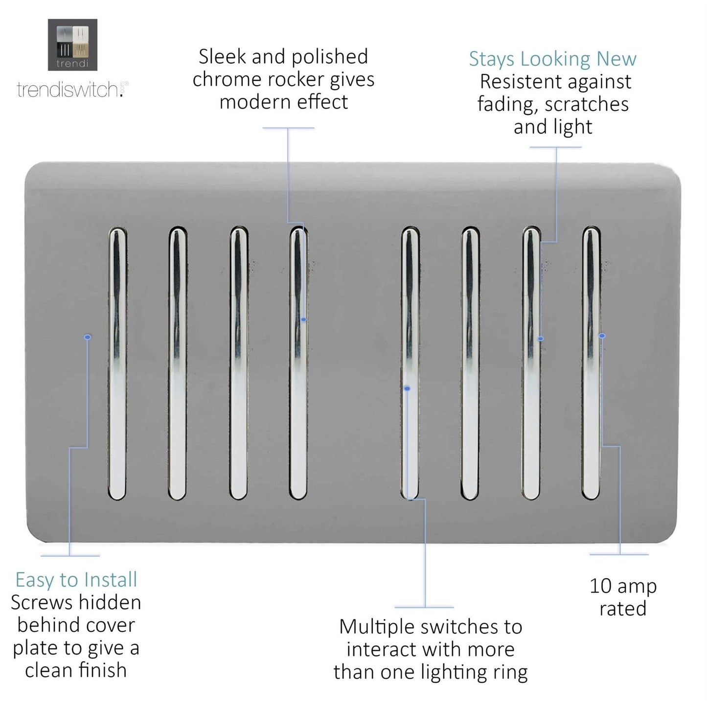 Trendi Switch 8 Gang 1 or 2 Way Light Switchin Light Grey