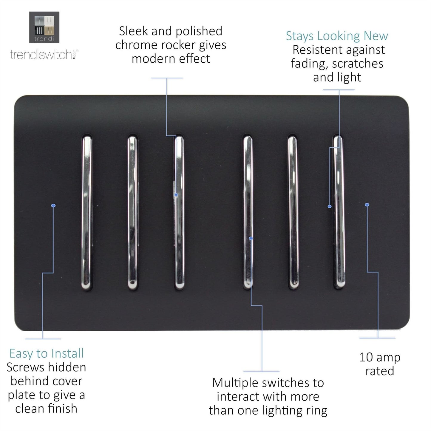 Trendi Switch 6 Gang 1 or 2 Way Light Switchin Matt Black