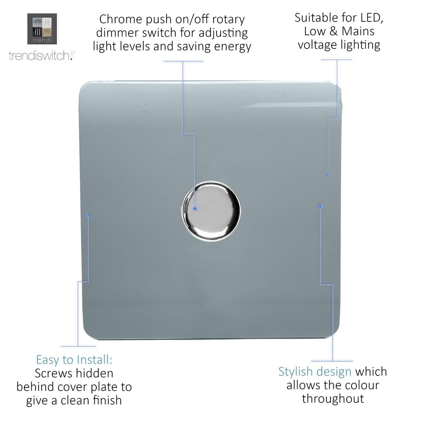 Trendi Switch 1 Gang 1 or 2 way 150w Rotary LED Dimmer Light Switchin Cool Grey