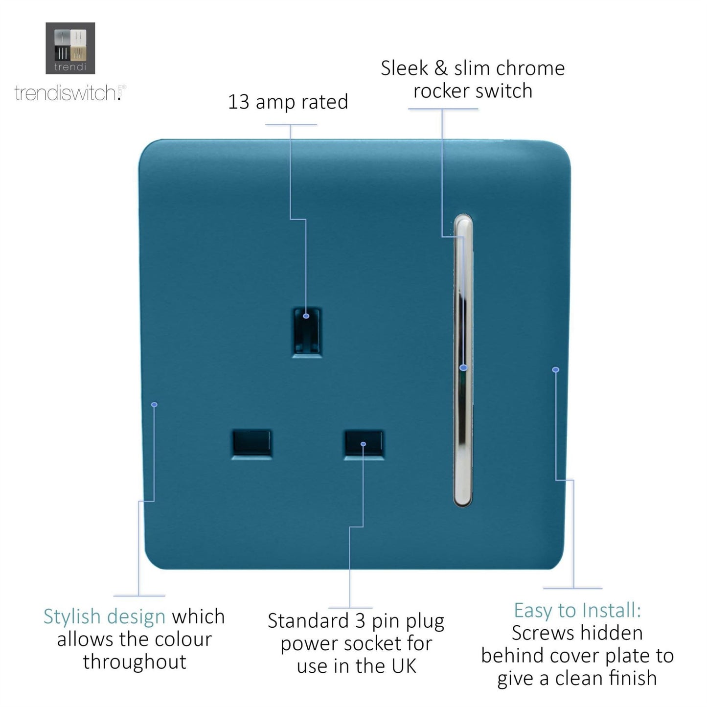 Trendi Switch 1 Gang 13 Amp Switched Plug Socketin Ocean Blue
