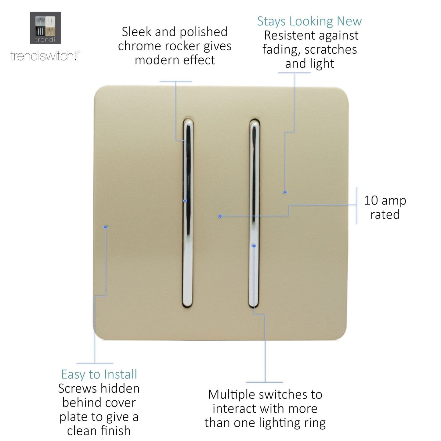 Trendi Switch 2 Gang Rocker Light Switch (1x 1 or 2 way & 1x Intermediate)in Champagne Gold