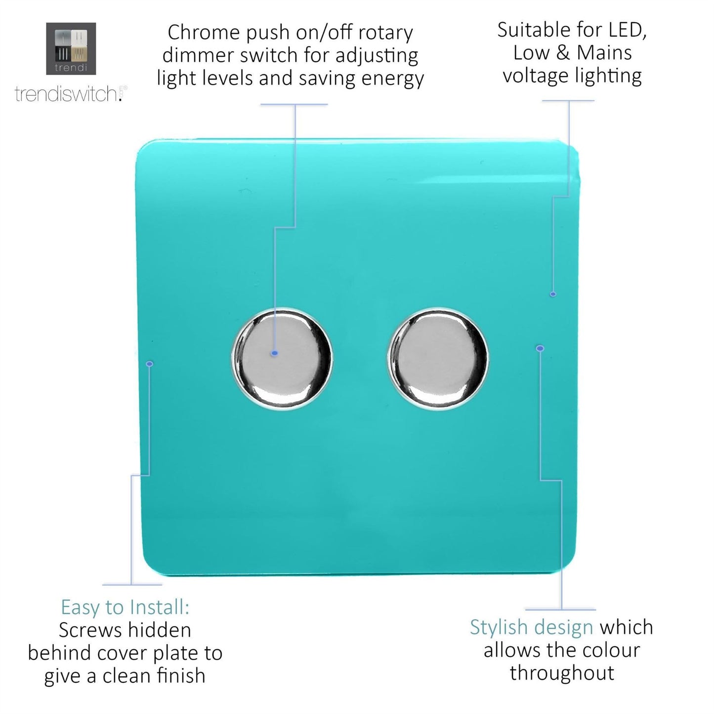 Trendi Switch 2 Gang 1 or 2 way 150w Rotary LED Dimmer Light Switchin Bright Teal