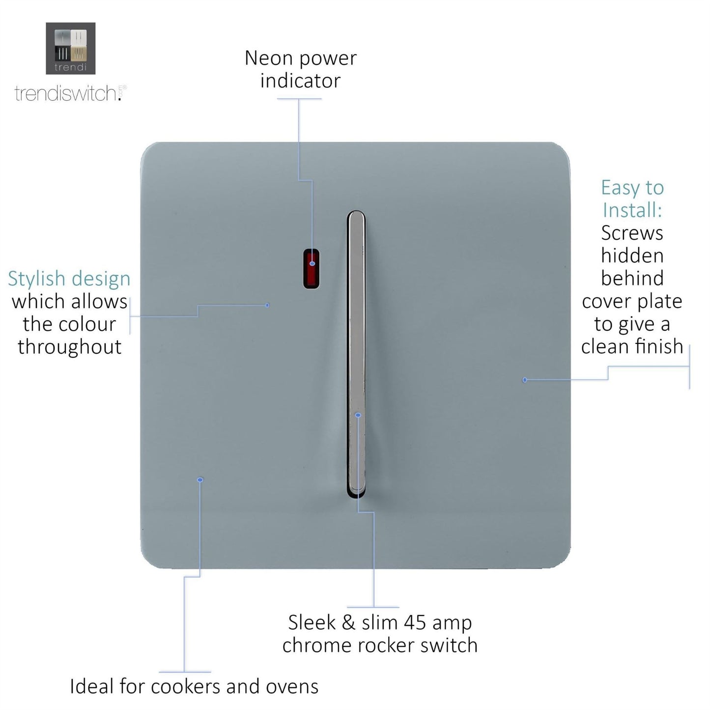 Trendi Switch 1 Gang 20 Amp Heavy Duty Rocker Switchin Cool Grey