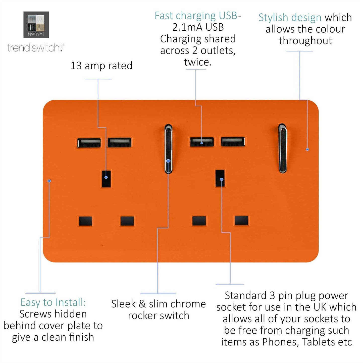 Trendi Switch 2 Gang 4 Port USB 2100mA Plug Socketin Sunset Orange