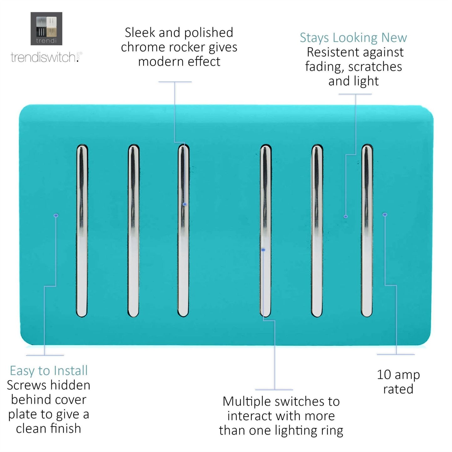 Trendi Switch 6 Gang 1 or 2 Way Light Switchin Bright Teal