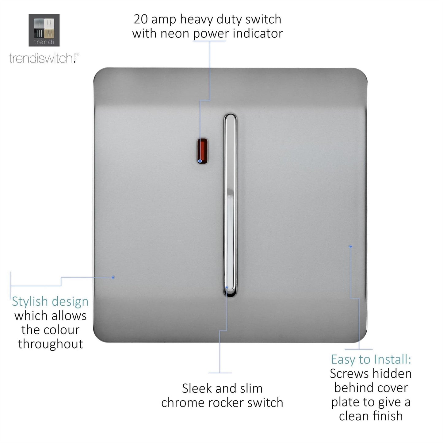 Trendi Switch 1 Gang 20 Amp Heavy Duty Rocker Switchin Brushed Steel
