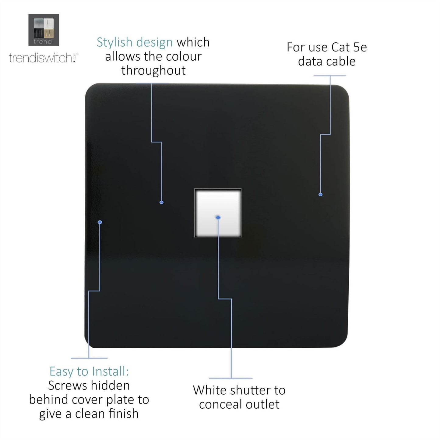 Trendi Switch 1 Gang RJ45 Cat 5e PC Ethernet Socket in Piano Black