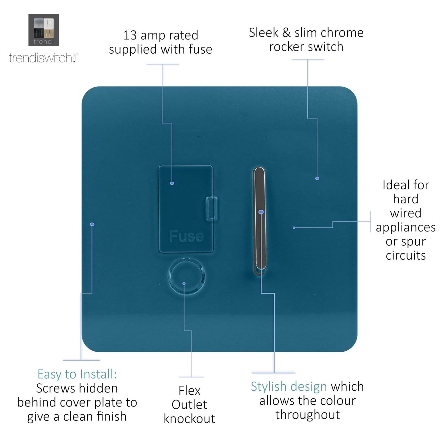 Trendi Switch 13 Amp Fused Spur with Flex Outletin Ocean Blue