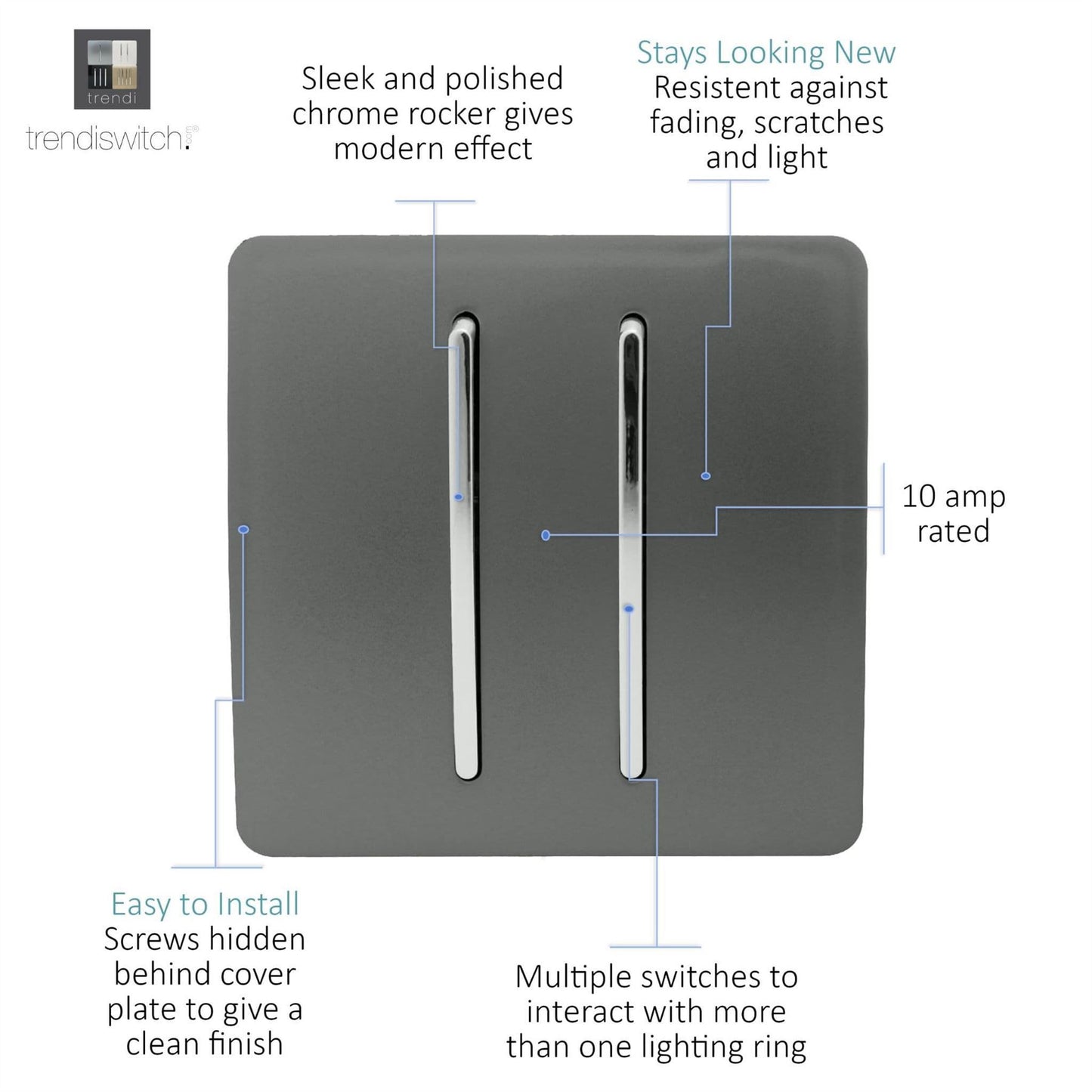 Trendi Switch 2 Gang Rocker Light Switch (1x 1 or 2 way & 1x Intermediate)in Charcoal Grey