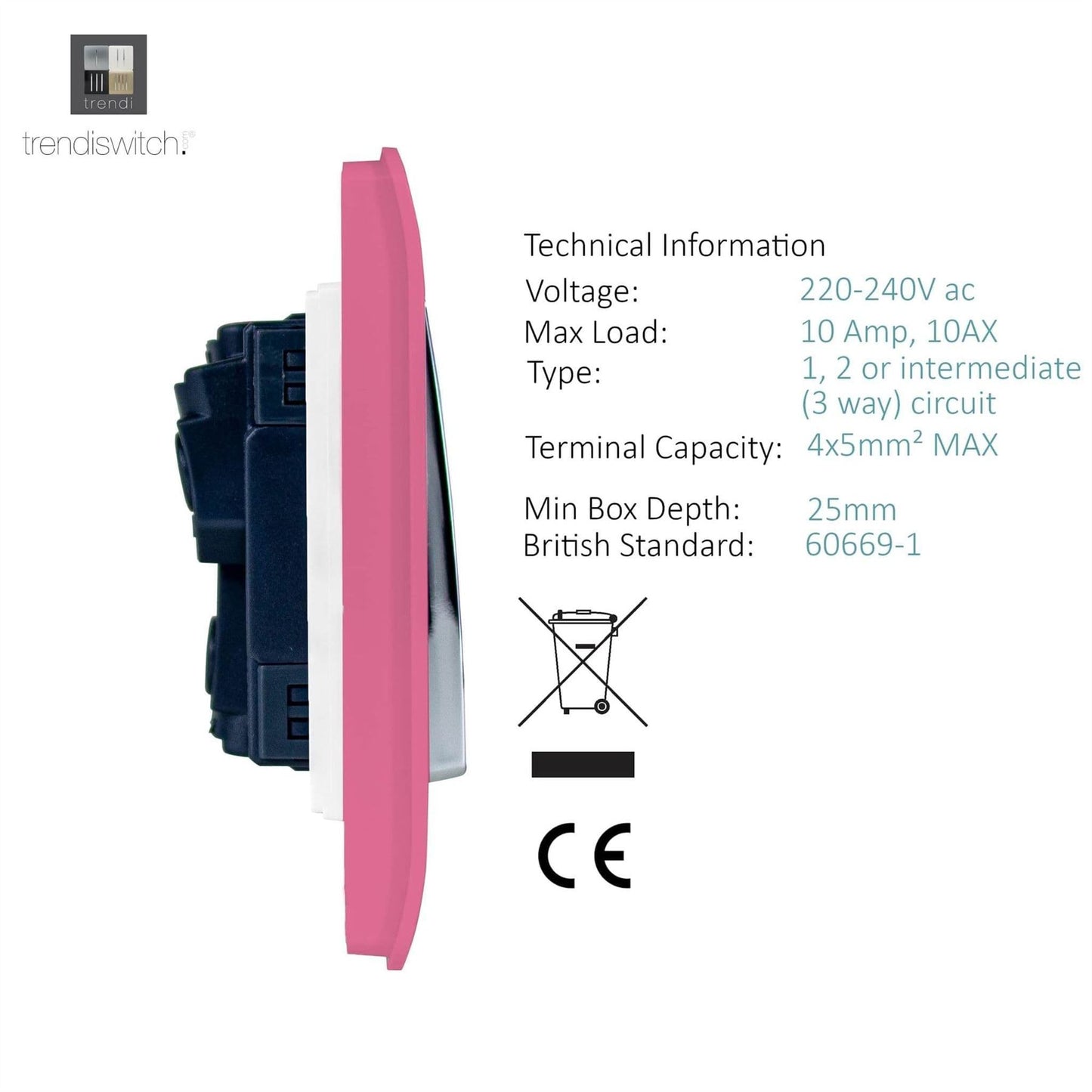Trendi Switch 4 Gang Light Switch (1x 1 or 2 Way & 3 x Intermediate)in Candy Pink