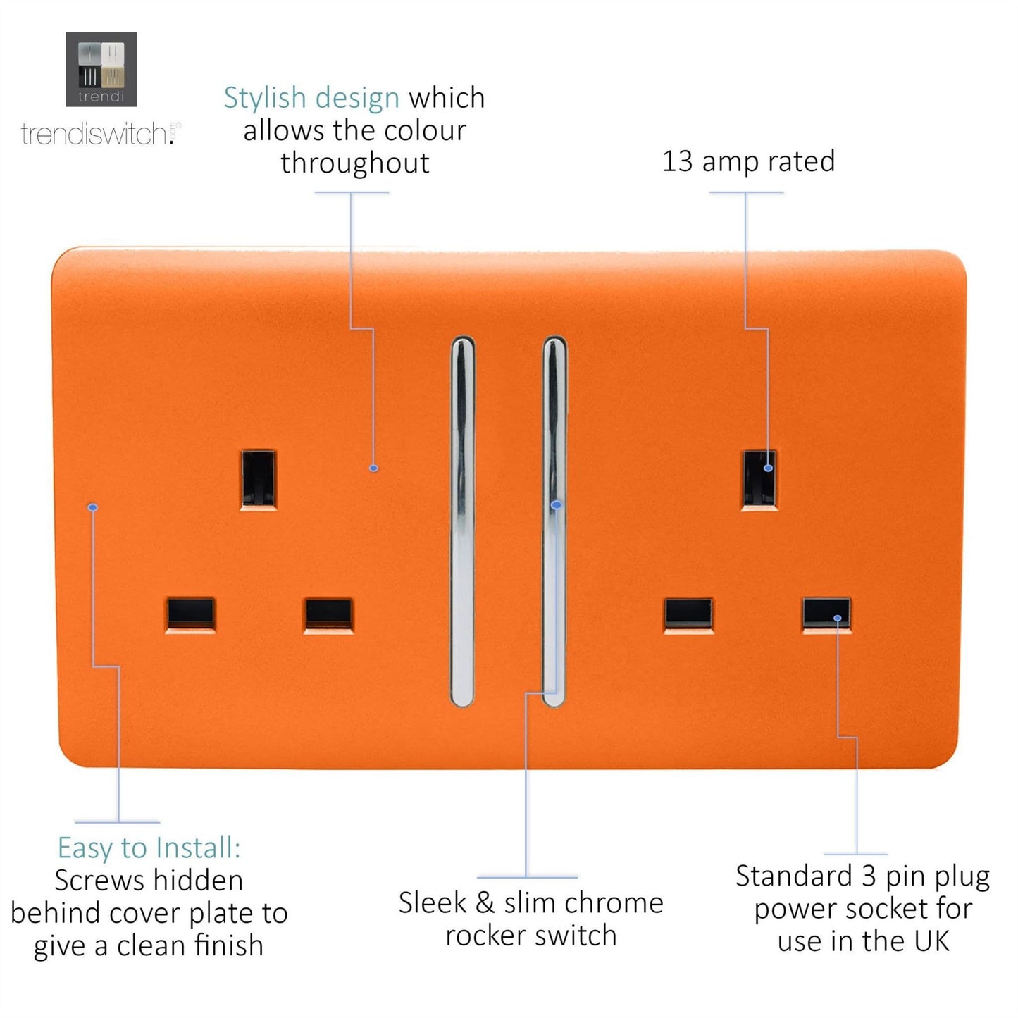 Trendi Switch 2 Gang Long Switched Plug Socketin Sunset Orange