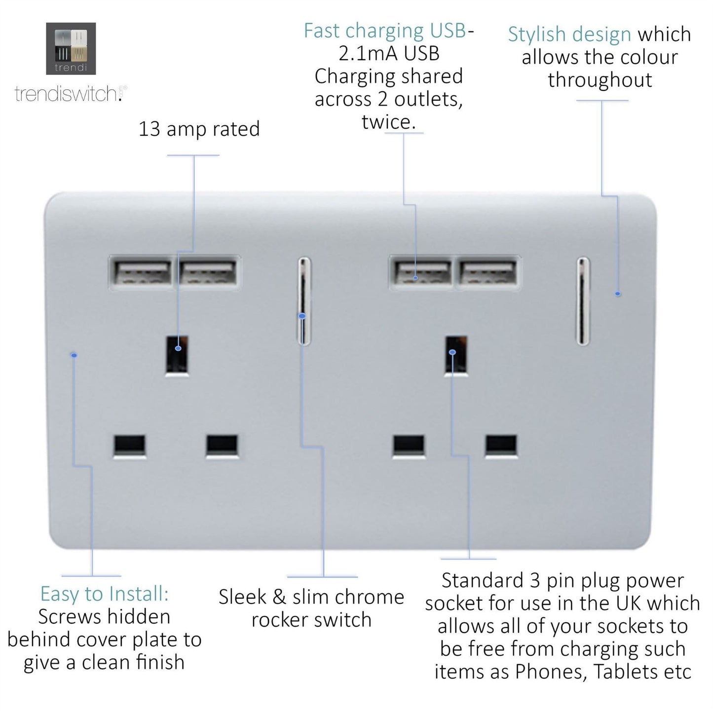Trendi Switch 2 Gang 4 Port USB 2100mA Plug Socketin Platinum Silver