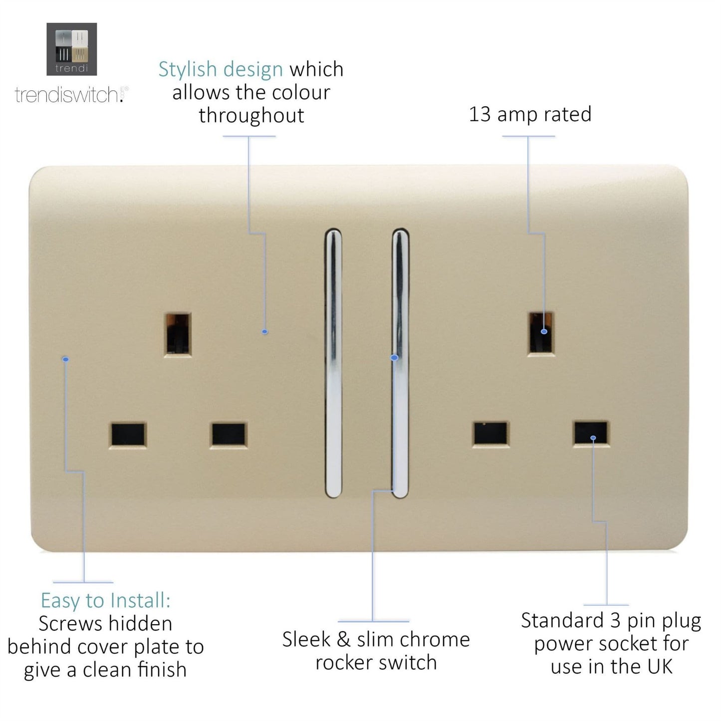 Trendi Switch 2 Gang Long Switched Plug Socketin Champagne Gold