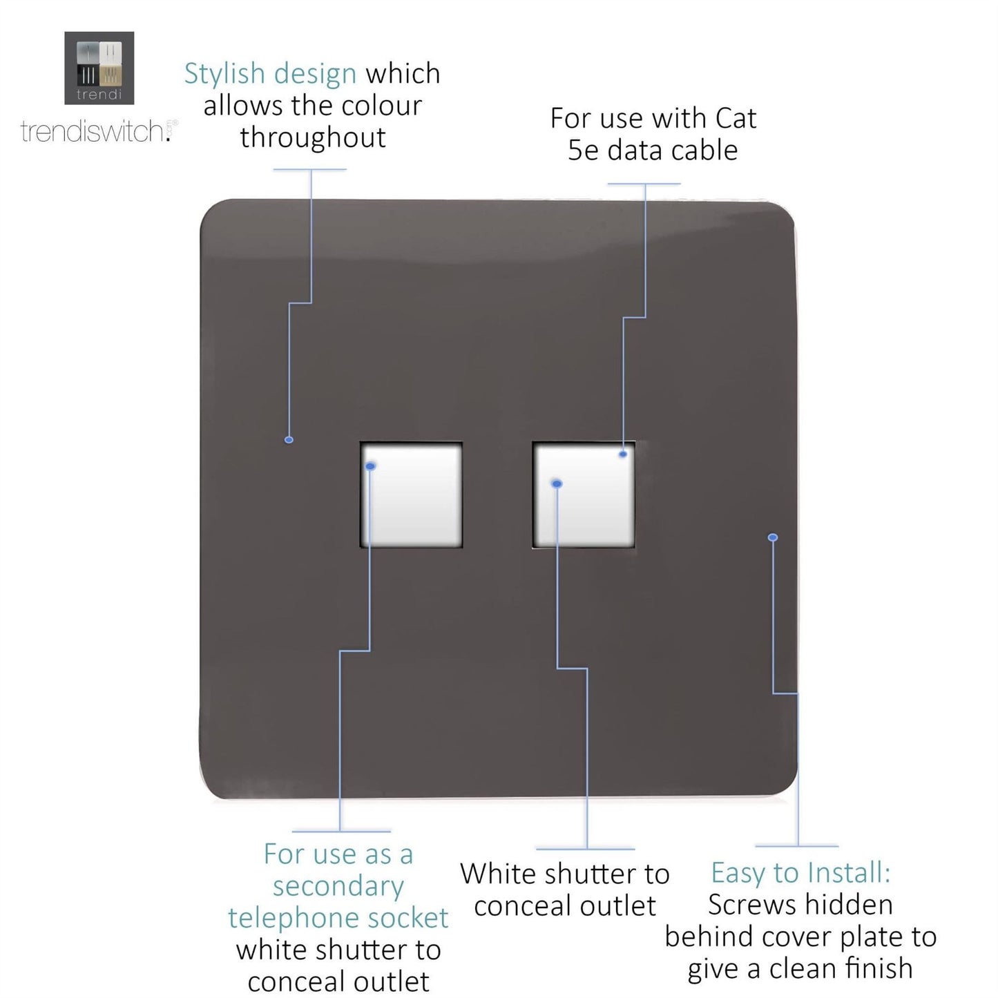 Trendi Switch 2 Gang RJ45 Cat 5e PC Ethernet & Telephone Slave Socketsin Dark Mocha Brown