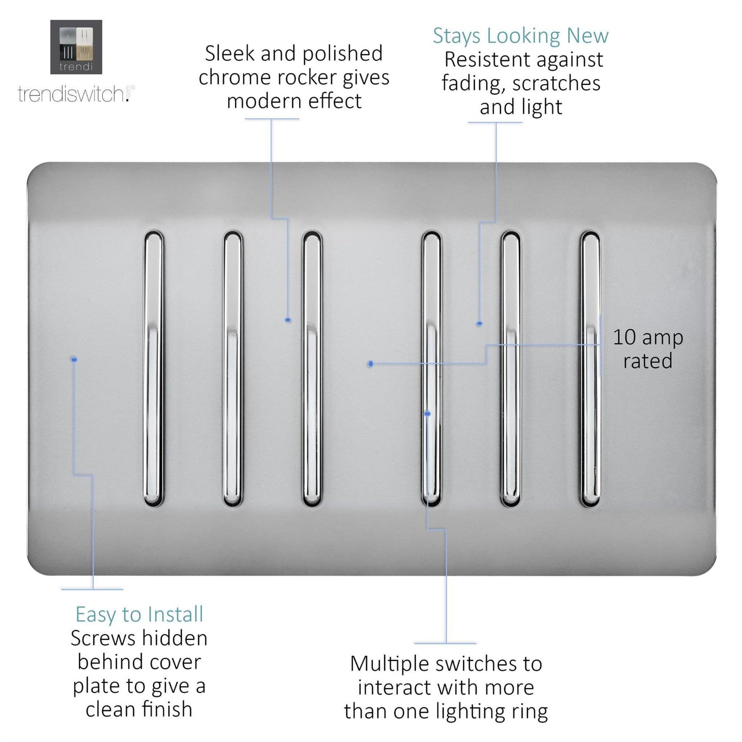 Trendi Switch 6 Gang 1 or 2 Way Light Switchin Brushed Steel