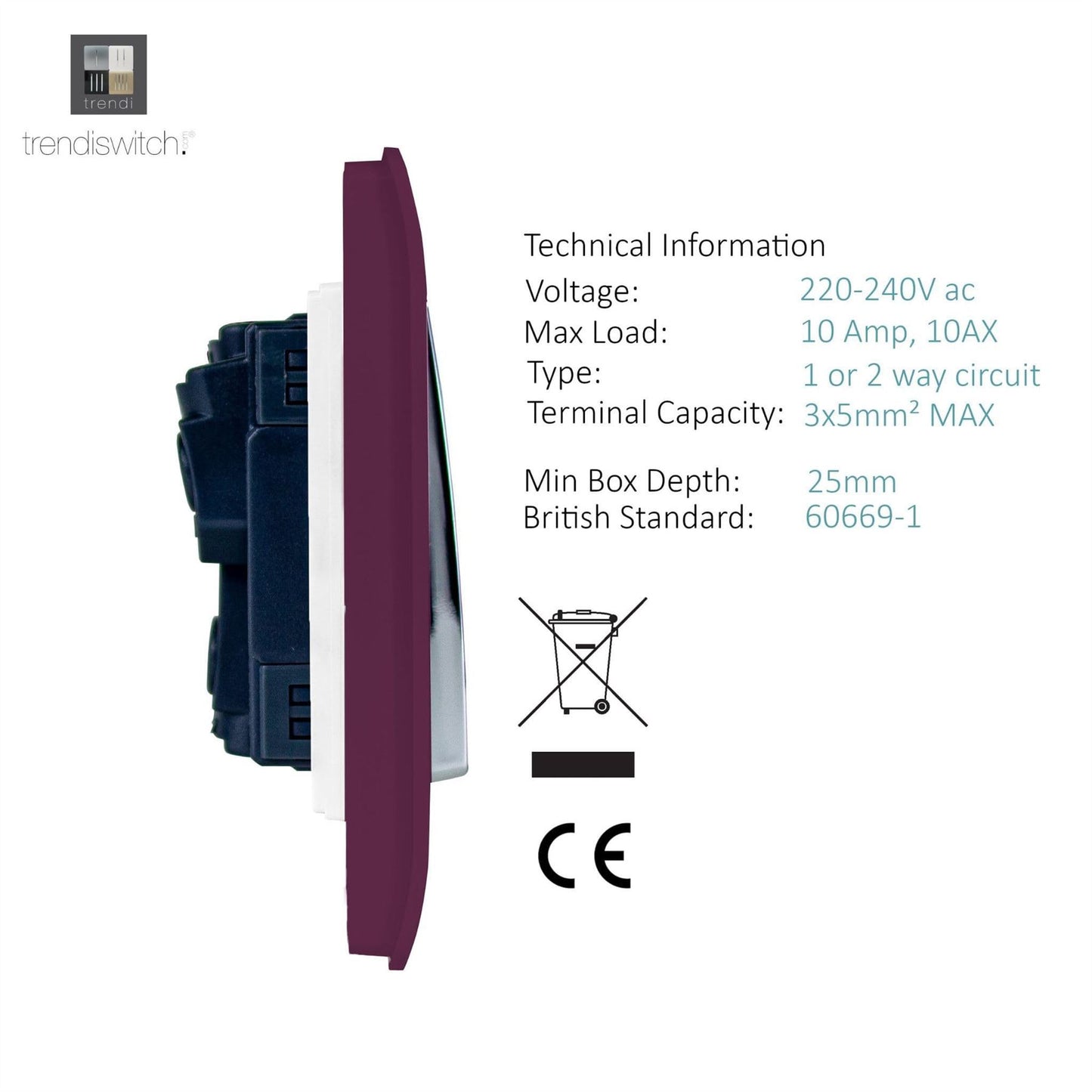 Trendi Switch 6 Gang 1 or 2 Way Light Switchin Plum Purple