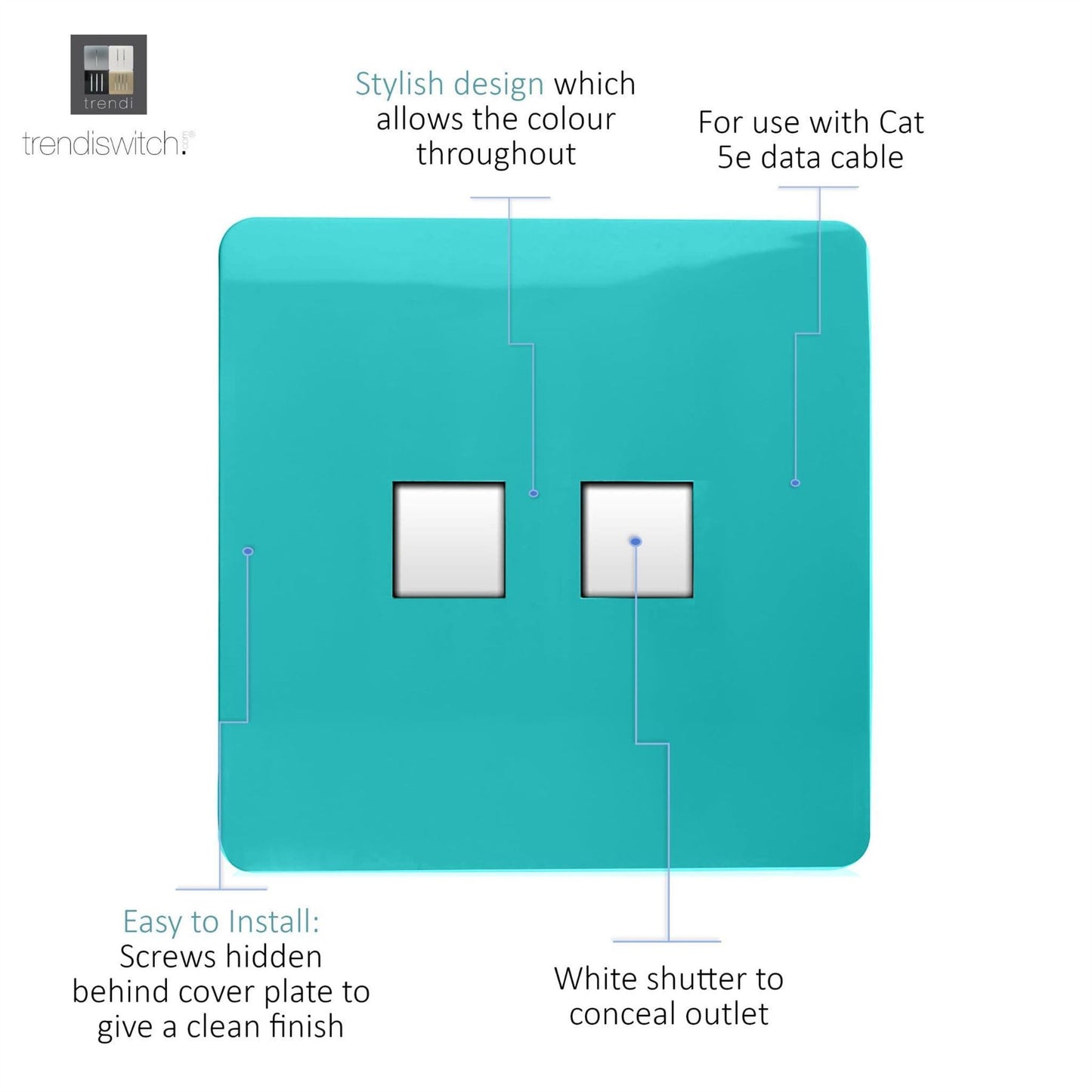 Trendi Switch 2 Gang RJ45 Cat 5e PC Ethernet Socketin Bright Teal