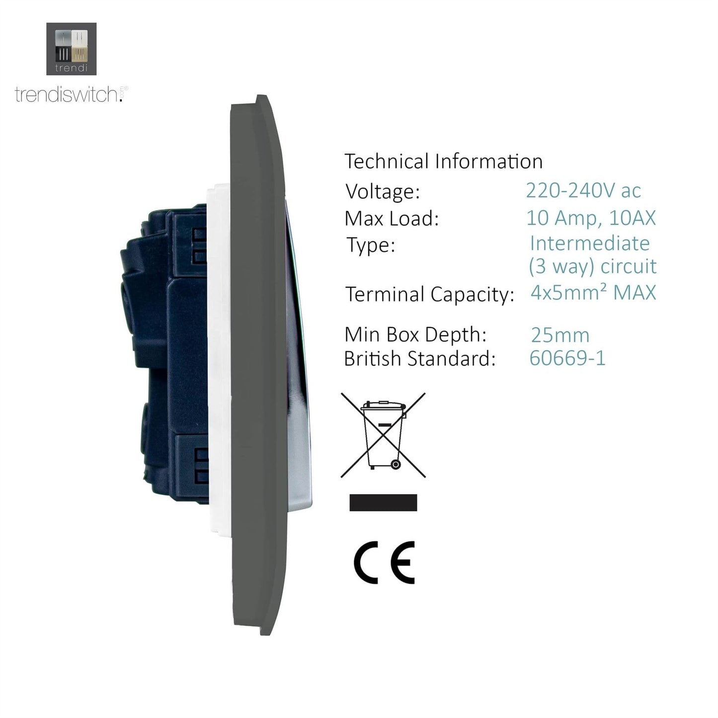 Trendi Switch 2 Gang Rocker Light Switch (1x 1 or 2 way & 1x Intermediate)in Charcoal Grey