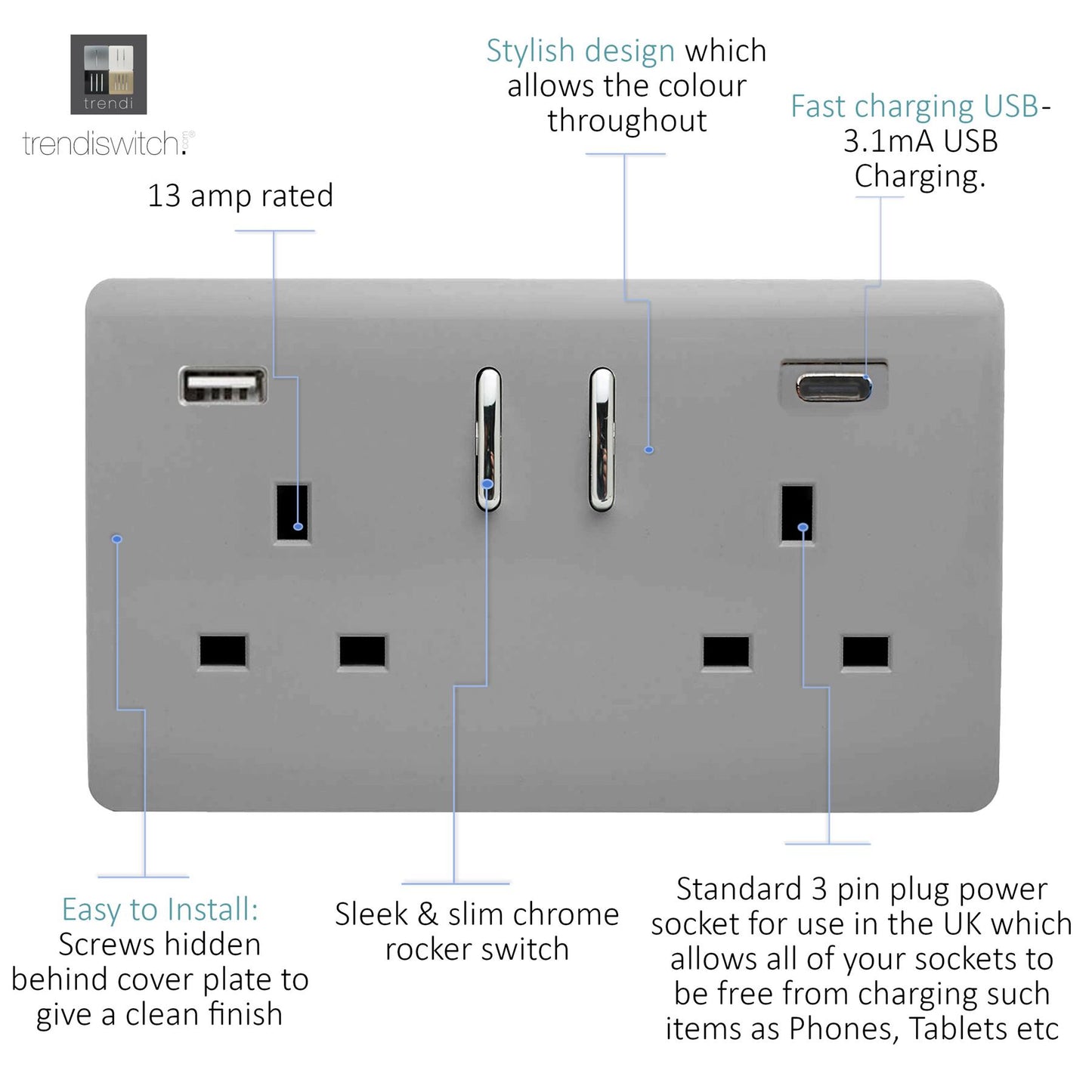 Trendi Switch 2 Gang USB 3100mA Type A & C USB Plug Socketin Light Grey