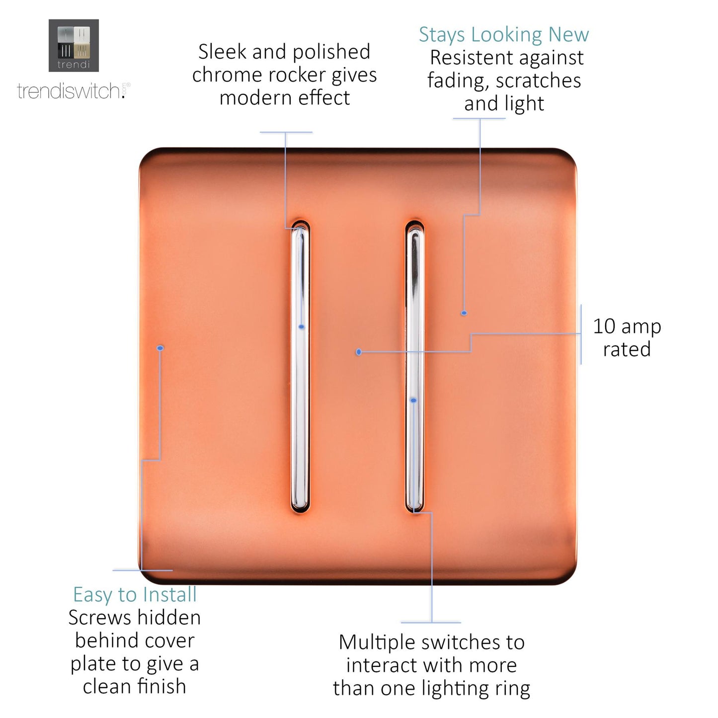 Trendi Switch 2 Gang Intermediate Rocker Light Switchin Copper
