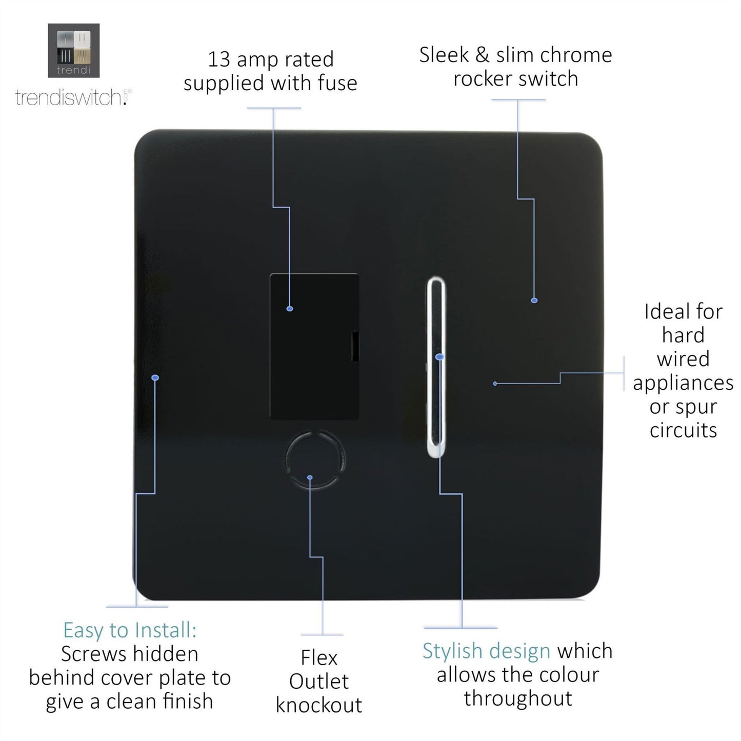 Trendi Switch 13 Amp Fused Spur with Flex Outletin Piano Black