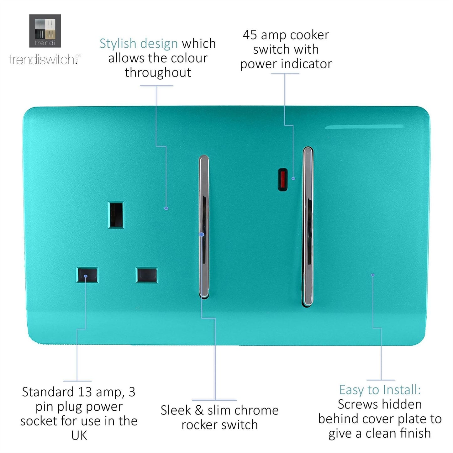 Trendi Switch 45 Amp Cooker Switch & 13 Amp Plug Socket with Neonin Bright Teal