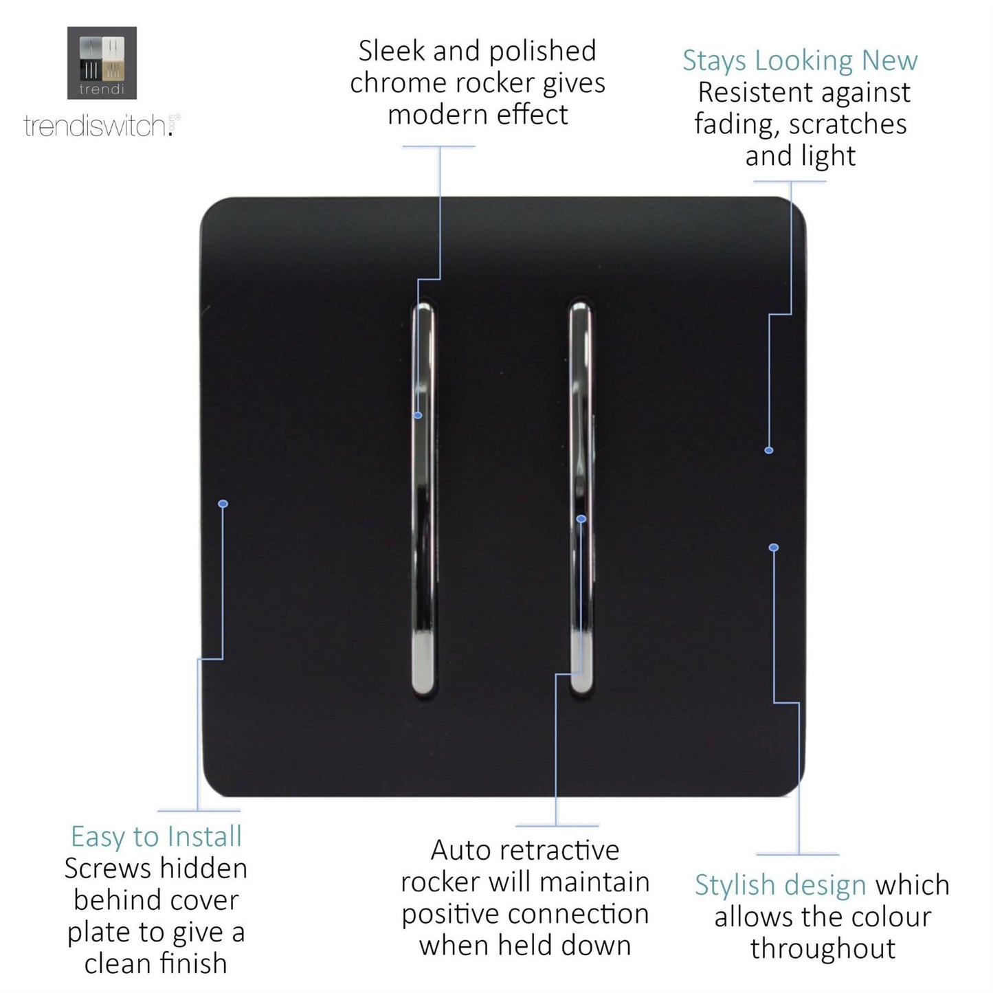 Trendi Switch 2 Gang Retractive Doorbell Switchin Matt Black