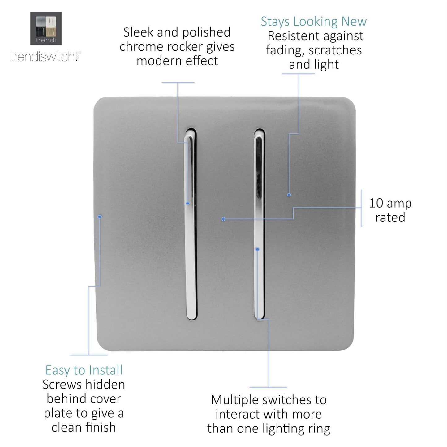 Trendi Switch 2 Gang 1 or 2 way Rocker Light Switchin Light Grey