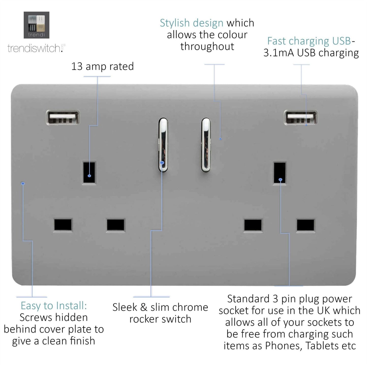 Trendi Switch 2 Gang USB 3100mA Plug Socketin Light Grey